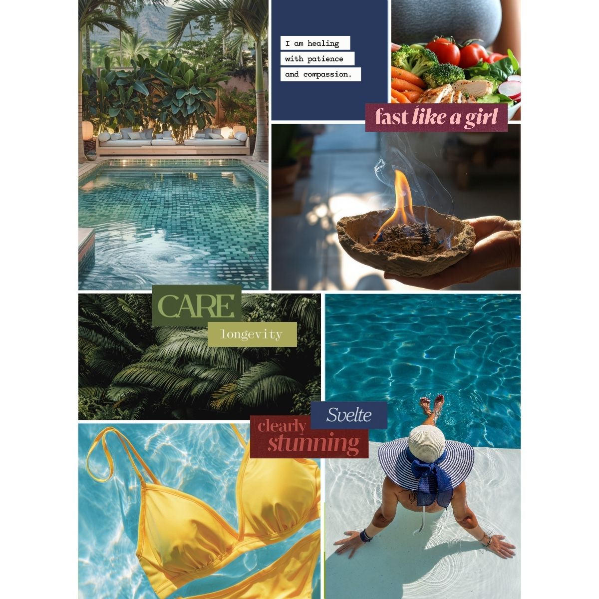 Luxury wellness vision board highlighting self love, body care, relaxation, and soulful daily rituals.