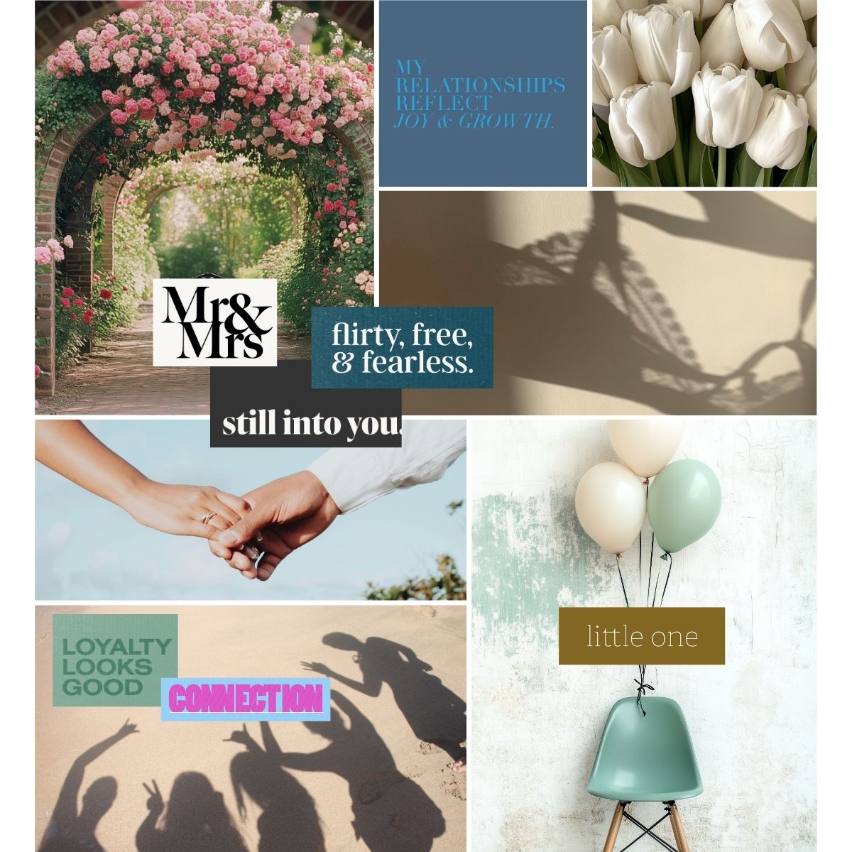 Love and family vision board example from Perdie Pagoda volume one featuring relationships, connection, marriage, family life, and meaningful relationship affirmations.