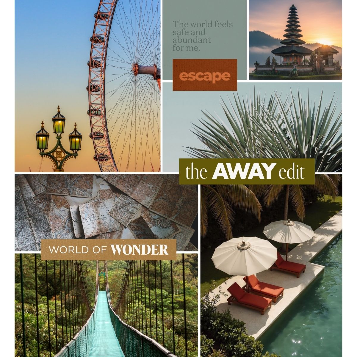 Travel and adventure vision board example from Perdie Pagoda volume one featuring wanderlust, dream destinations, scenic travel, and escape-inspired affirmations.