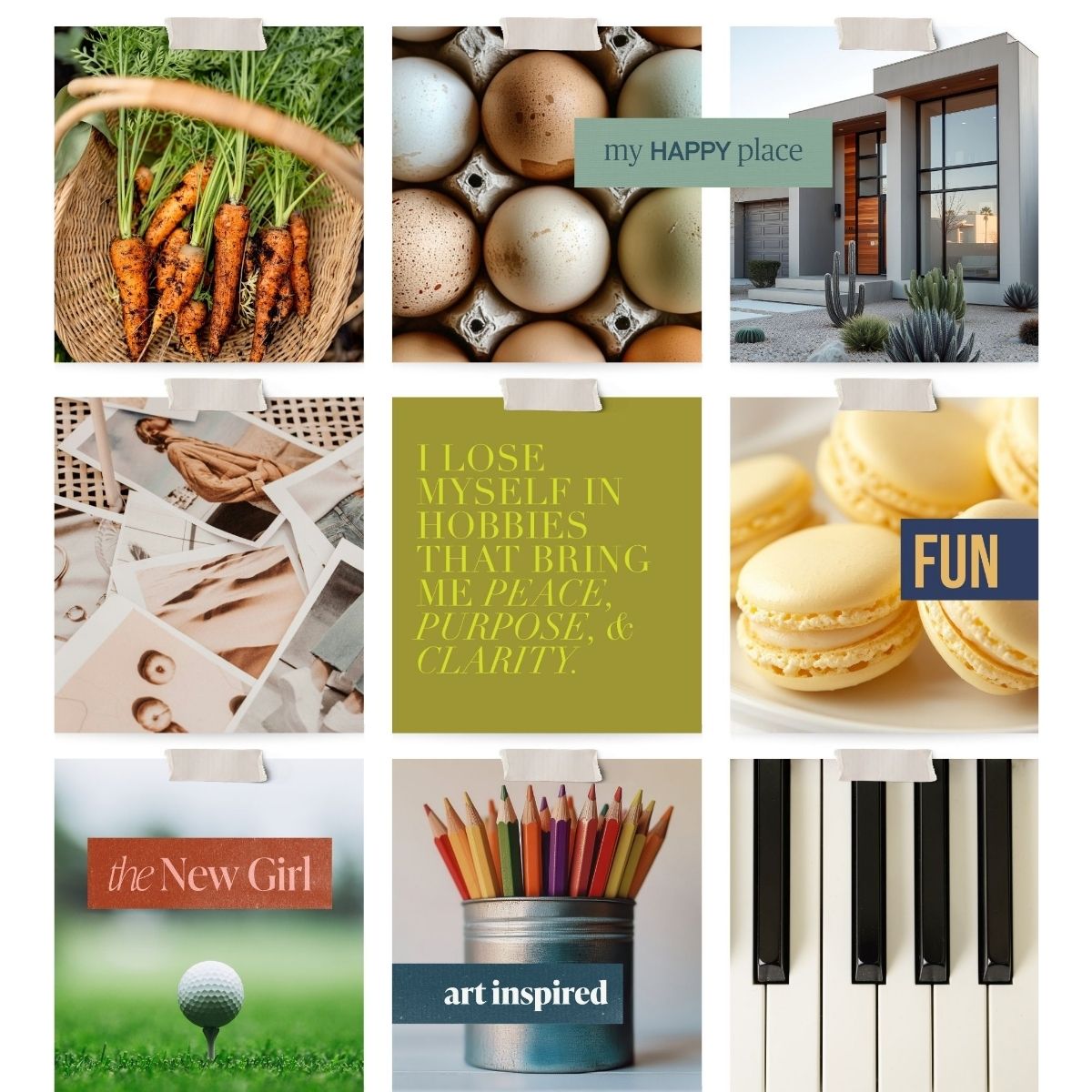 Hobbies and homelife vision board example from Perdie Pagoda volume two featuring cozy living, creative hobbies, home inspiration, and lifestyle affirmations.