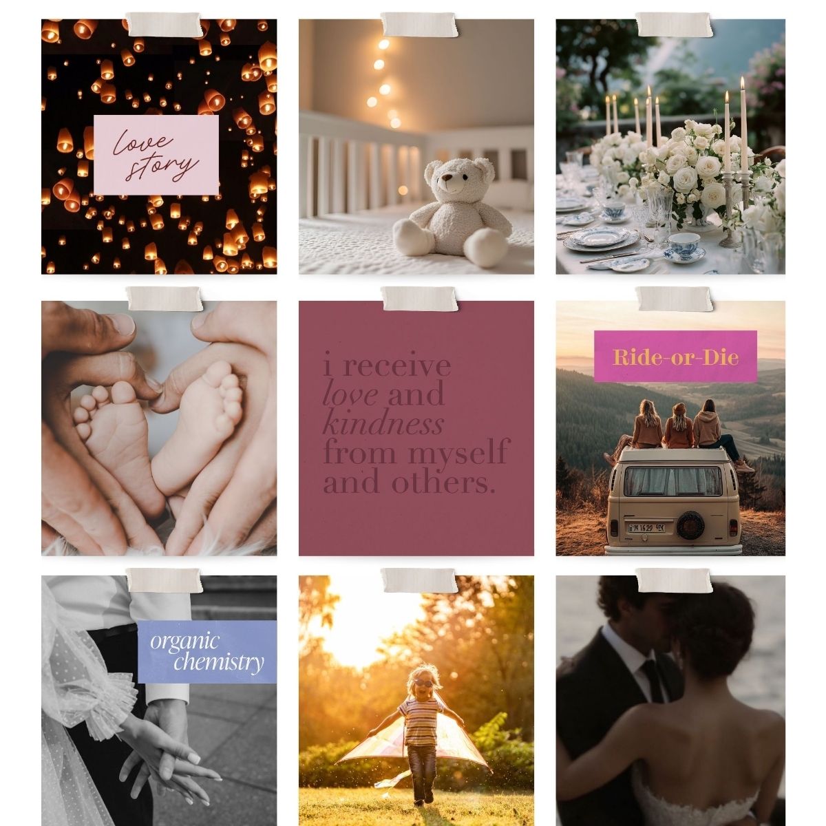 Love and family vision board example from Perdie Pagoda volume two featuring marriage, relationships, parenthood, self love affirmations, and meaningful connections imagery.