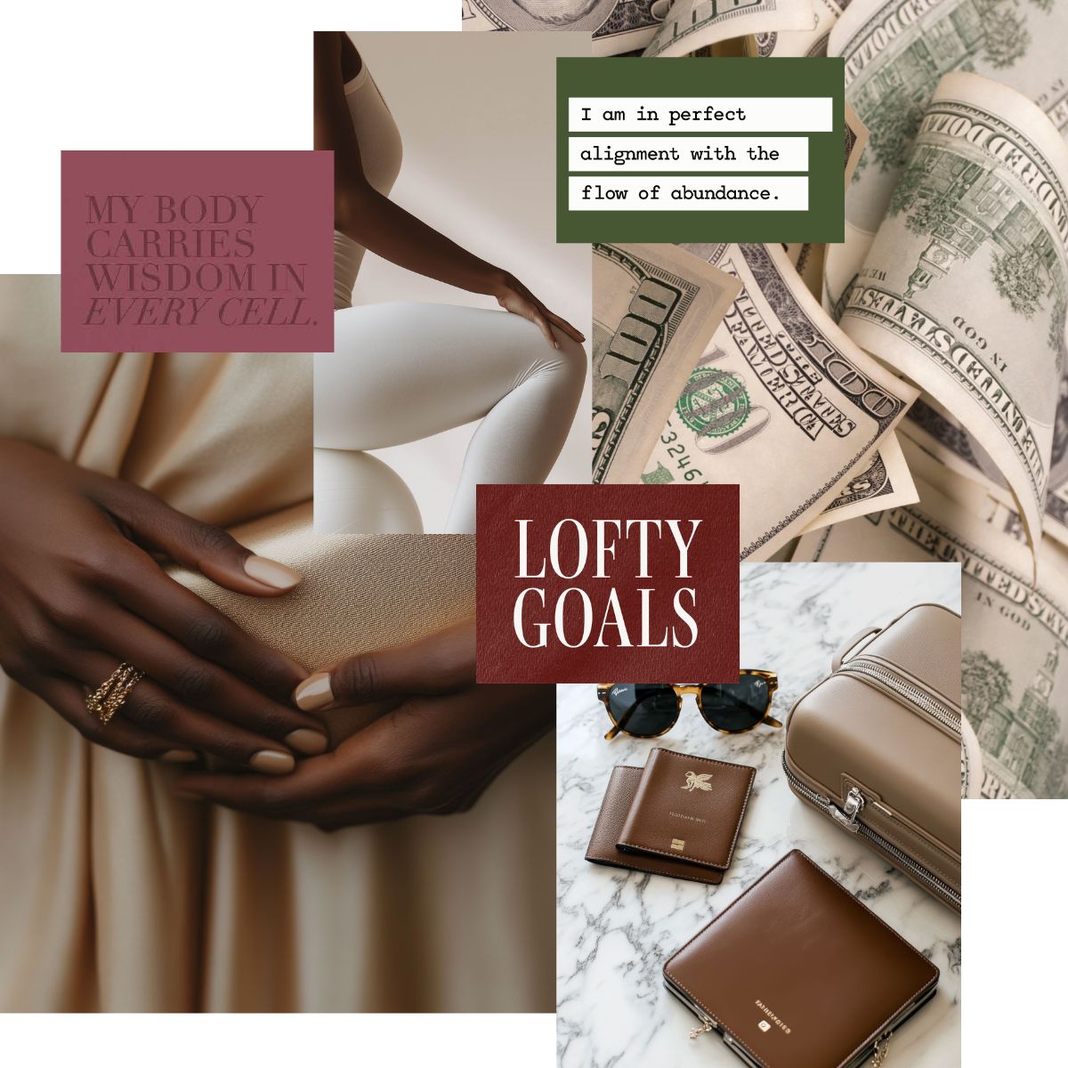 Stylized vision board collage blending body wisdom, financial abundance, wellness, and elevated lifestyle details, expressing lofty goals and aligned living in a luxury Shop the Look aesthetic by Perdie Pagoda.