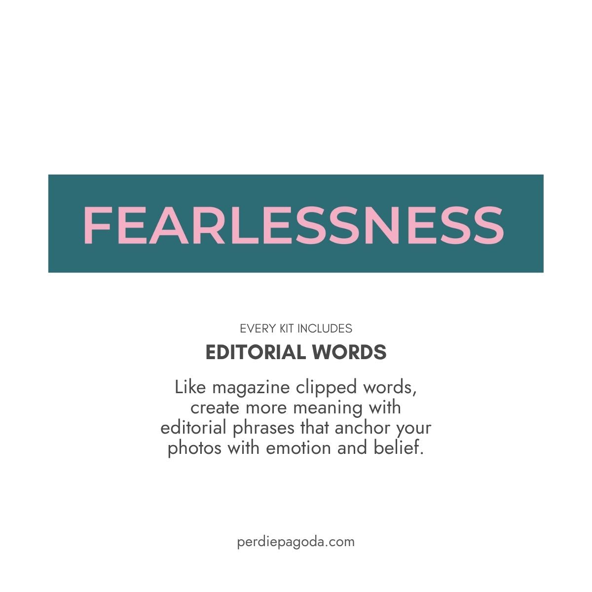 Bold typographic word “fearlessness” on a textured teal and blush background.