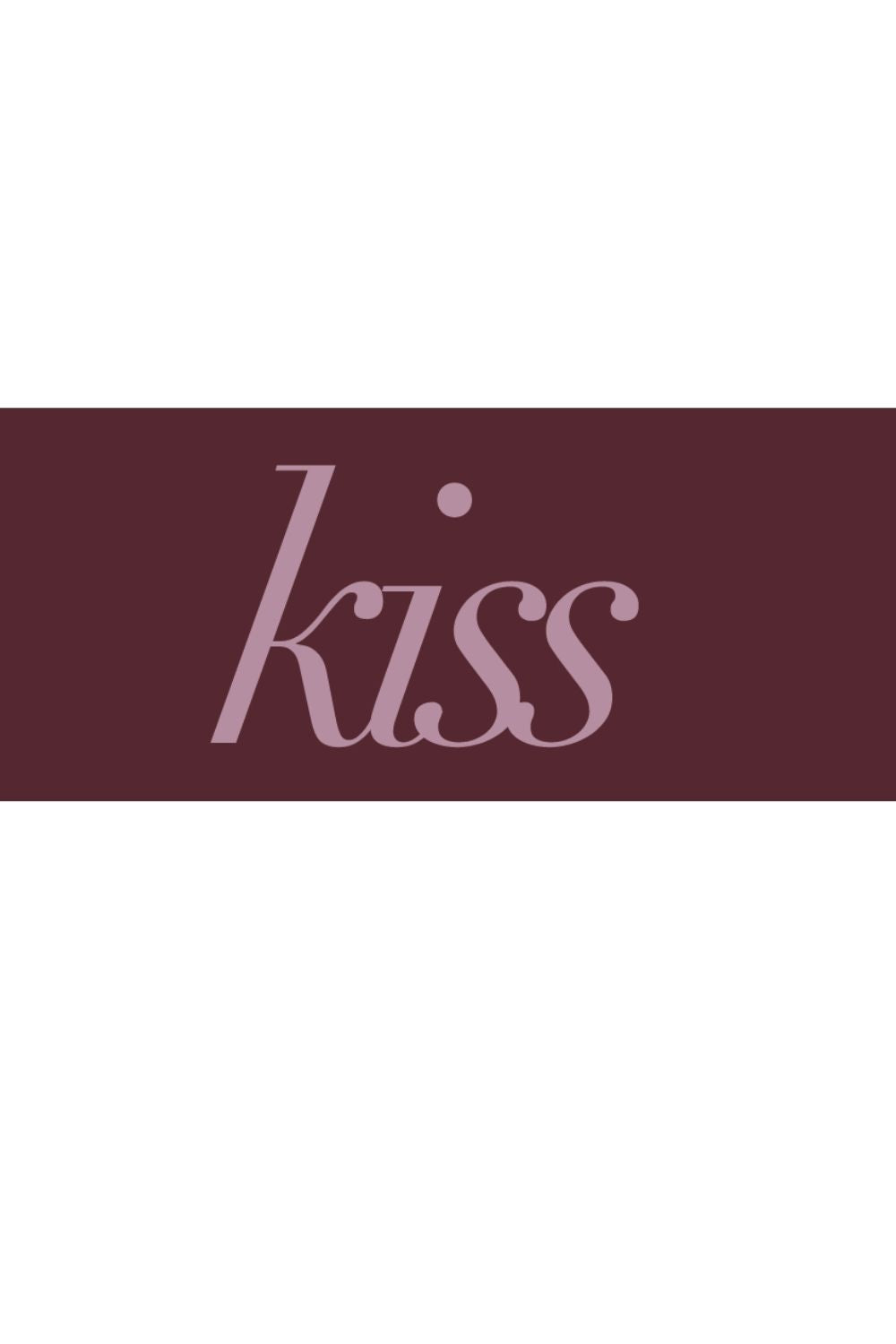 Minimal typographic vision board word reading “kiss” in soft serif lettering, symbolizing affection, romance, and intimate connection.