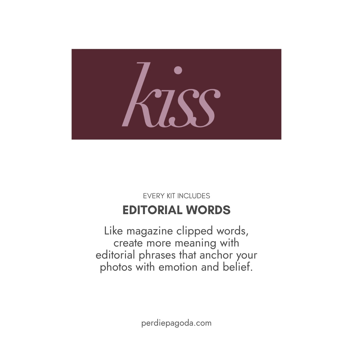 Minimal typographic vision board word reading “kiss” in soft serif lettering, symbolizing affection, romance, and intimate connection.