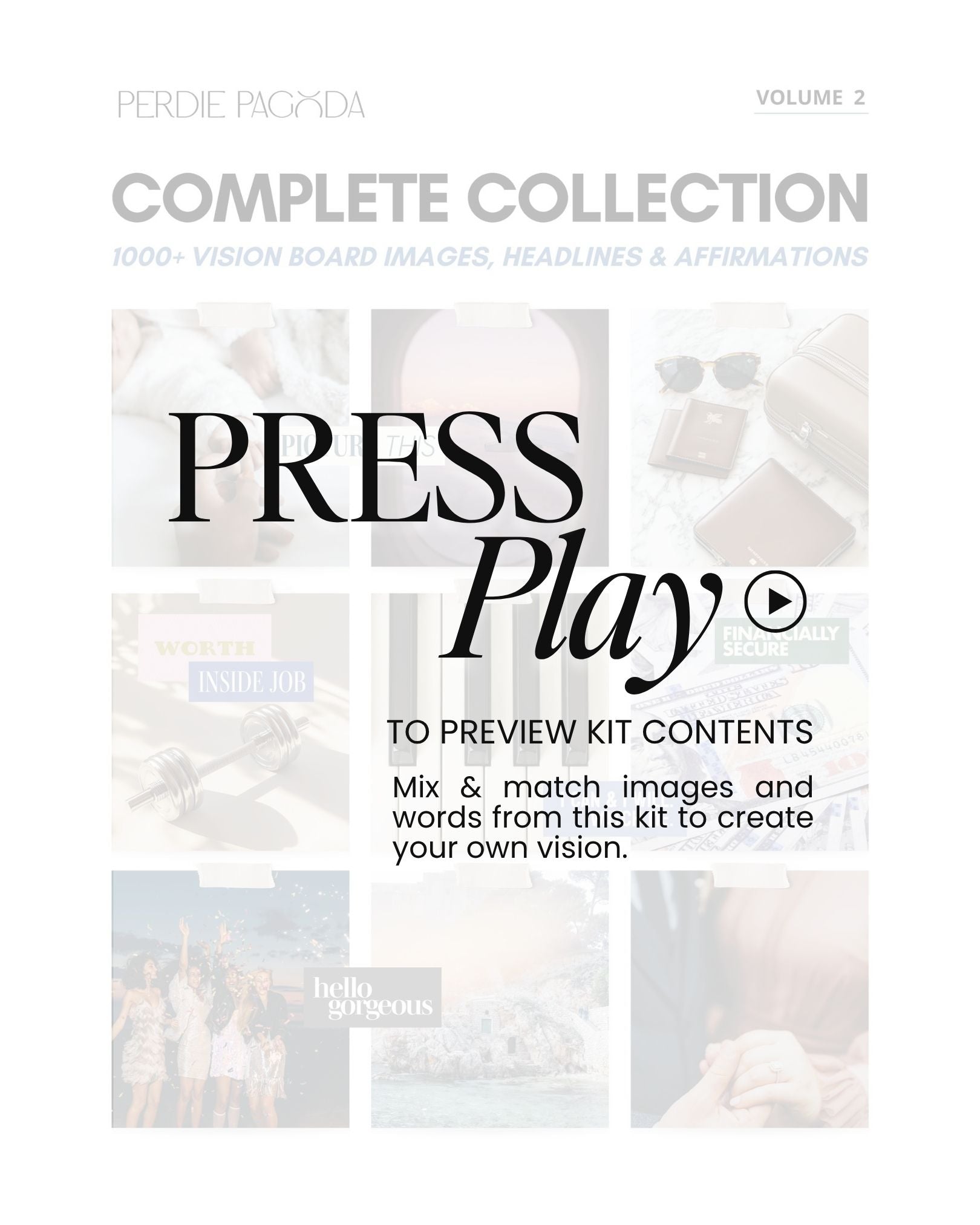 Preview video of Perdie Pagoda volume two vision board kit showcasing sample pages with images, headlines, and affirmations for manifestation, goal setting, and vision board creation.