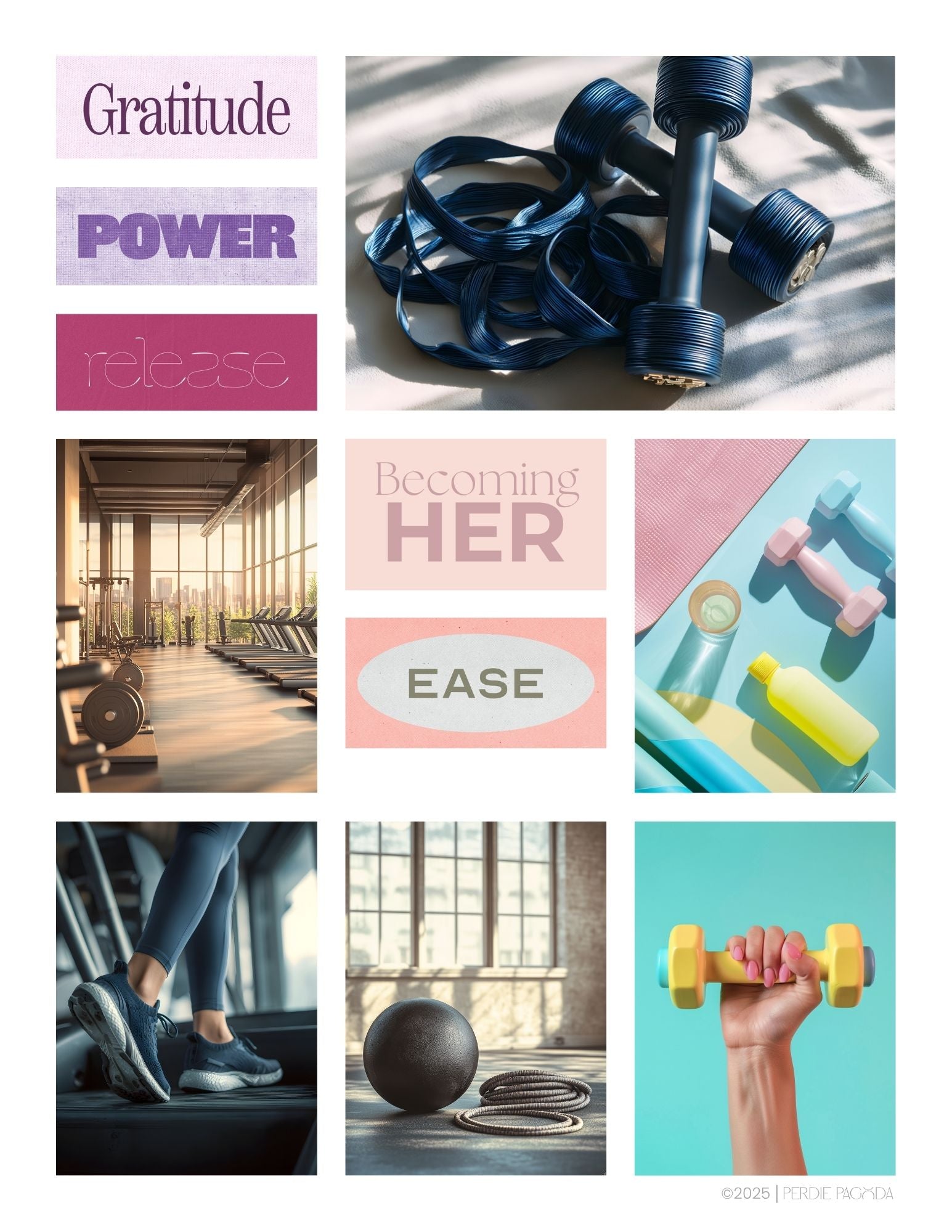 Video preview of the Health and Spirituality vision board kit contents, featuring curated imagery, affirmations, and headlines focused on wellness, movement, faith, balance, and aligned living.