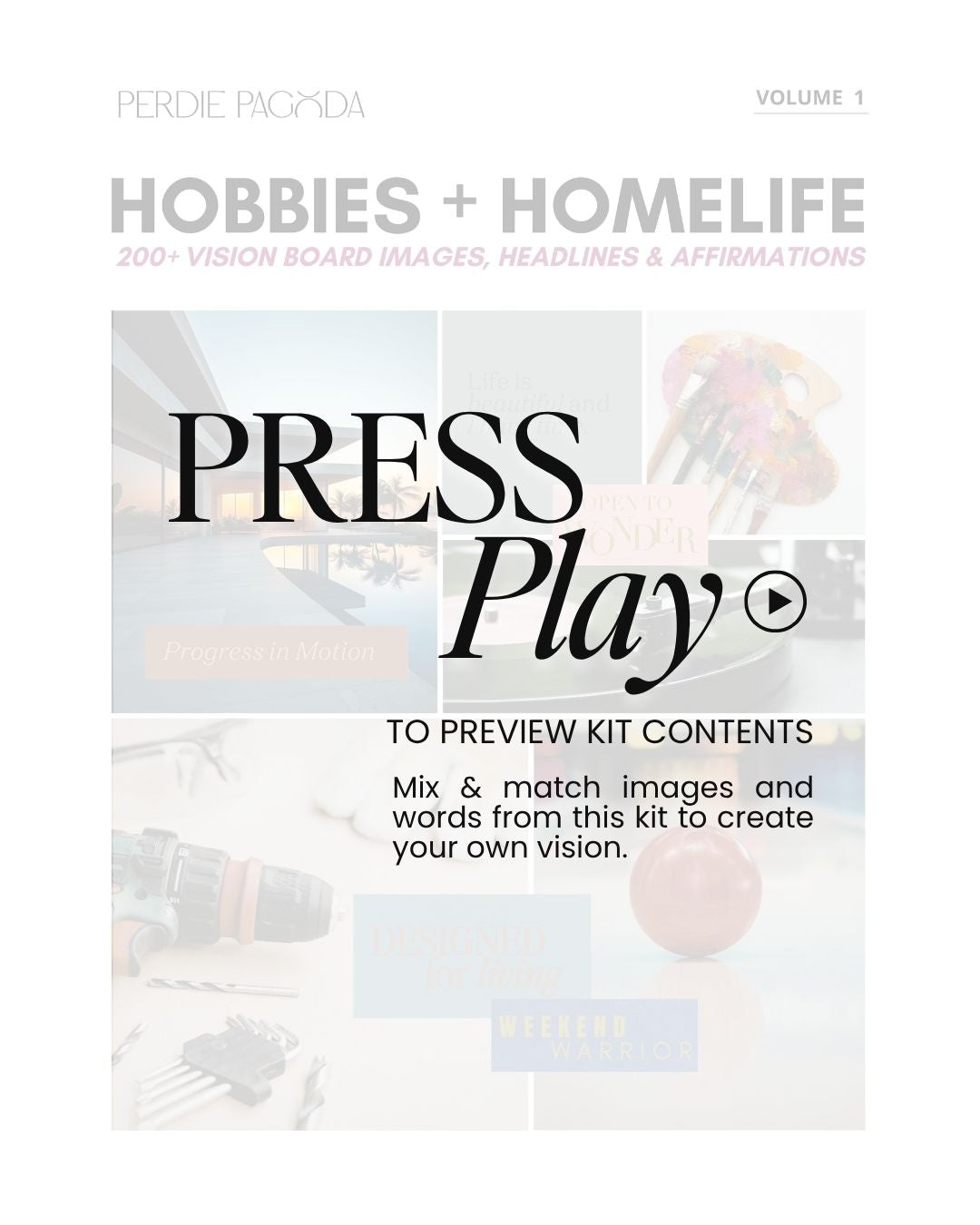 Video preview of the Hobbies and Homelife vision board kit, showcasing curated imagery, affirmations, and lifestyle inspiration for creativity and home-centered joy.