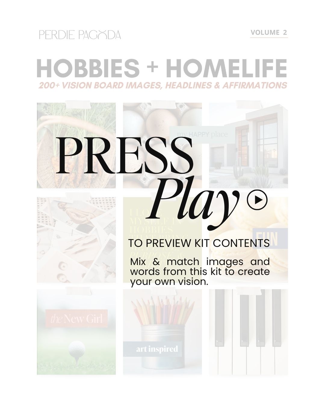 Video walkthrough of the Hobbies and Homelife vision board kit, highlighting aesthetic images, affirmations, and creative lifestyle themes.