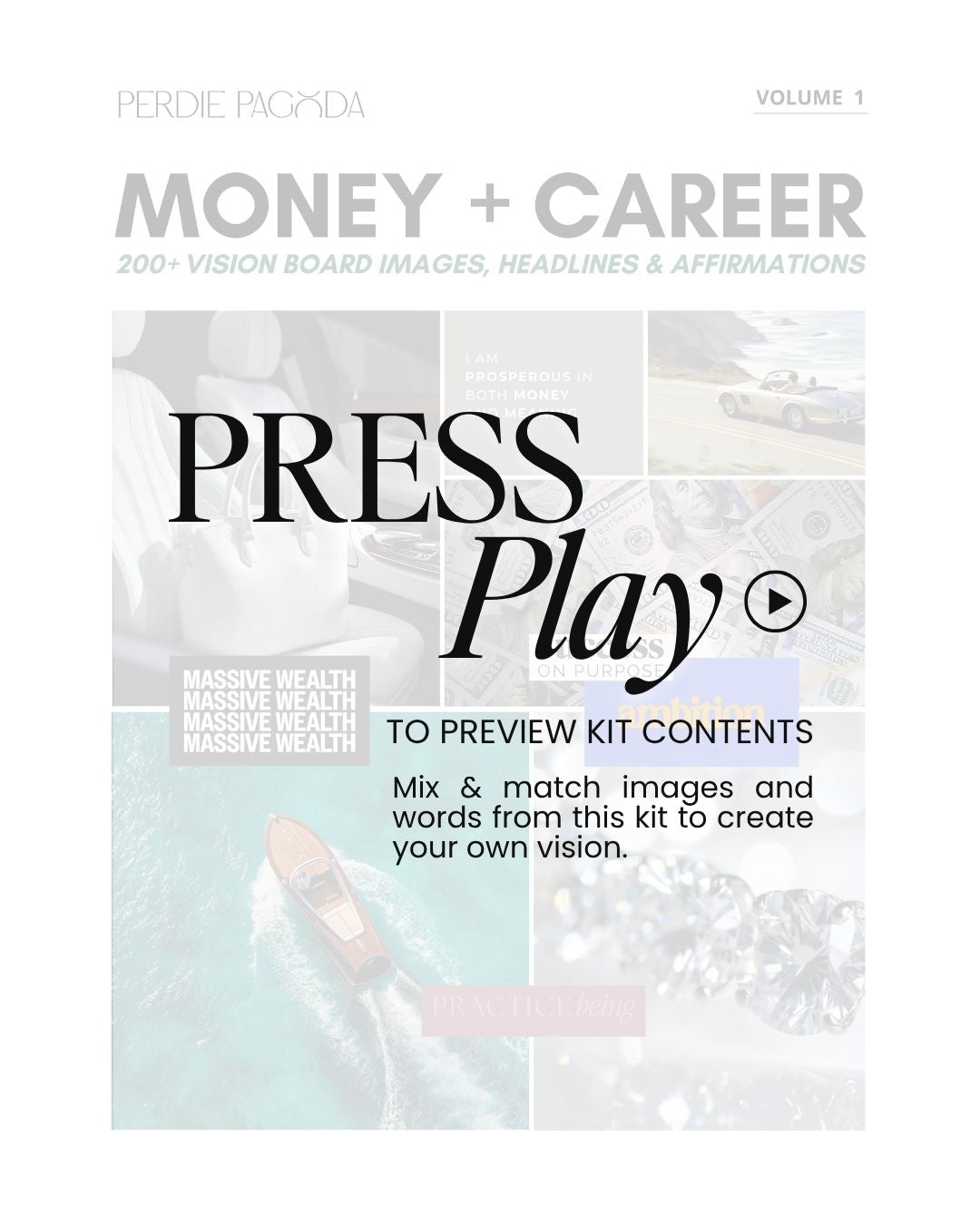Video preview of the Money and Career Volume One vision board kit, showcasing curated imagery, headlines, and affirmations focused on financial clarity, focus, and steady growth.