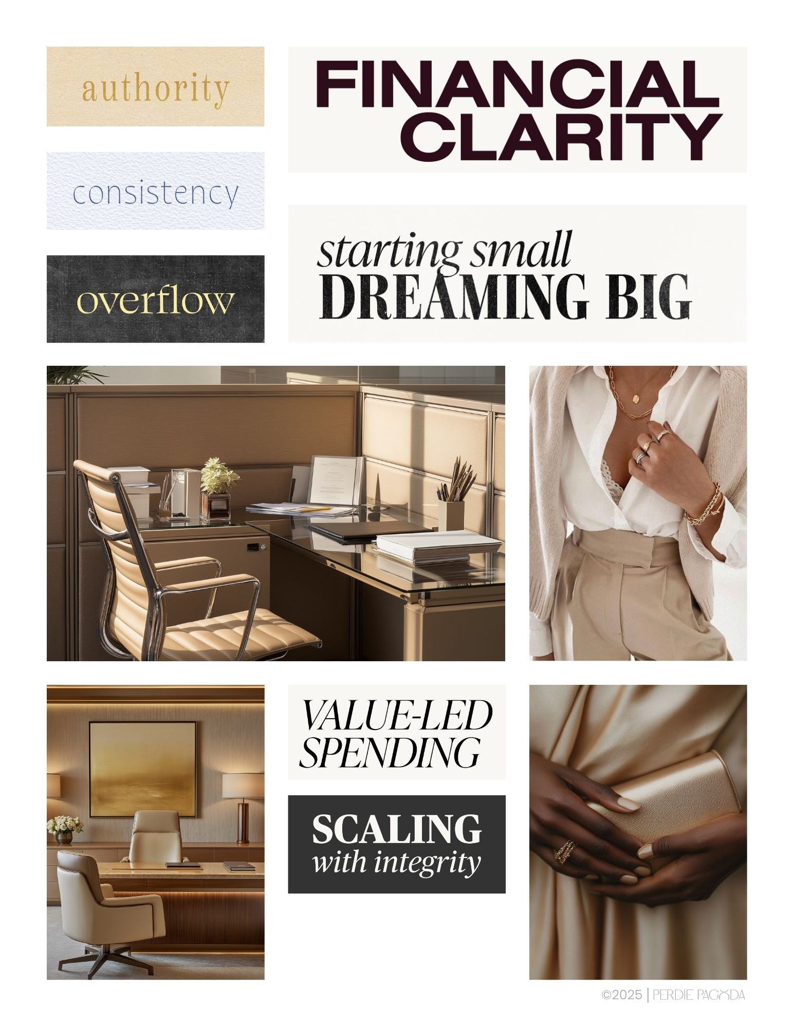 Luxury-inspired vision board cover for Money and Career Volume One, featuring refined workspaces, neutral fashion details, and elevated financial clarity imagery.