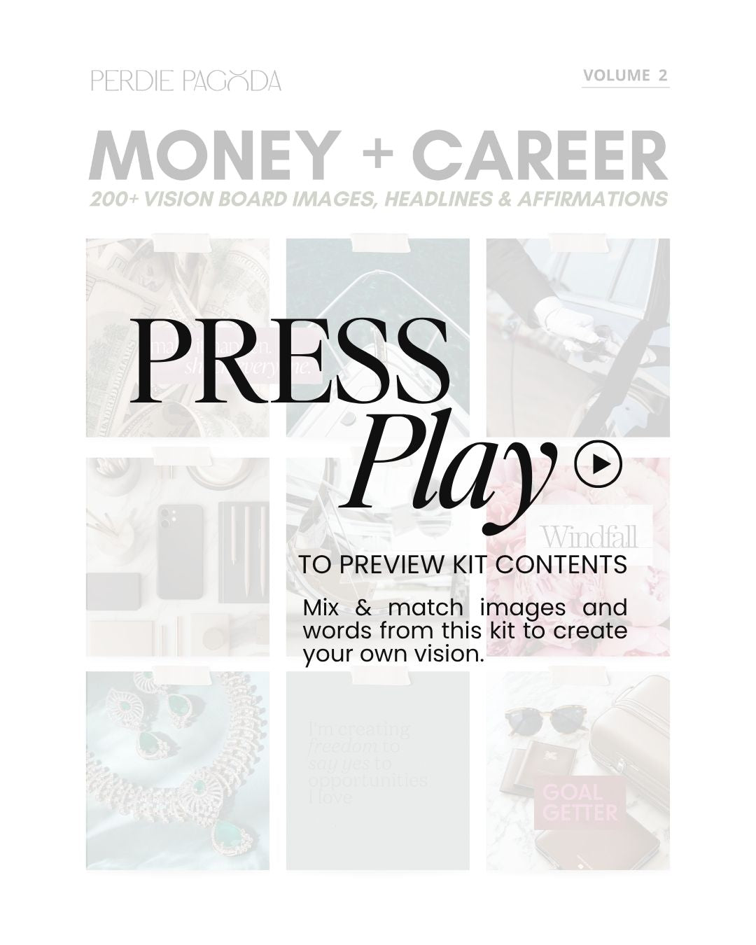 Video preview of the Money and Career Volume Two vision board kit, highlighting curated imagery, headlines, and affirmations centered on expansion, authority, and value-led success.