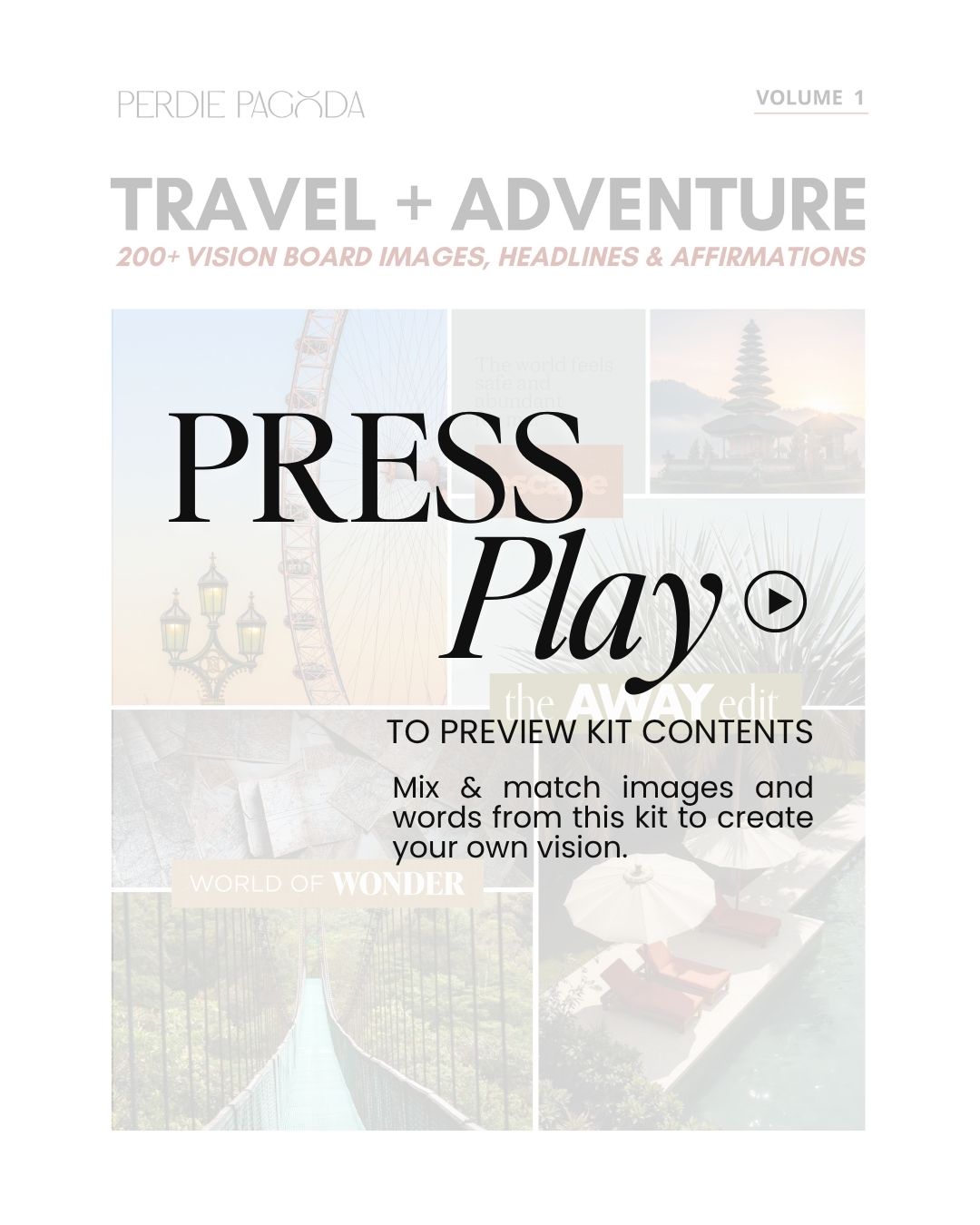 Video preview showing Travel and Adventure Volume One vision board kit contents, including destination imagery, aspirational headlines, and affirmation cards.