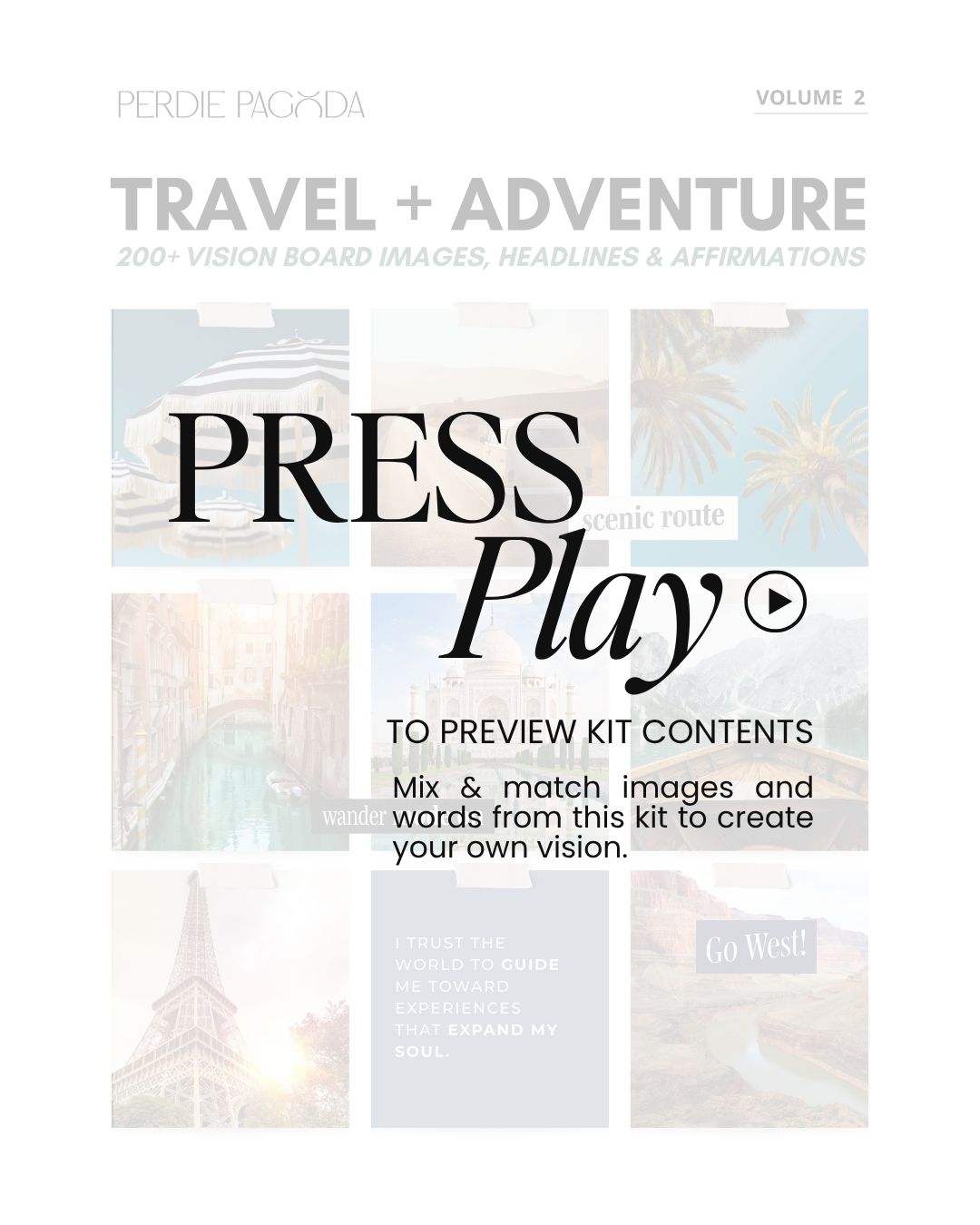 Video preview showcasing Travel and Adventure Volume Two vision board kit contents with global scenery, refined travel aesthetics, and expansive visual themes.