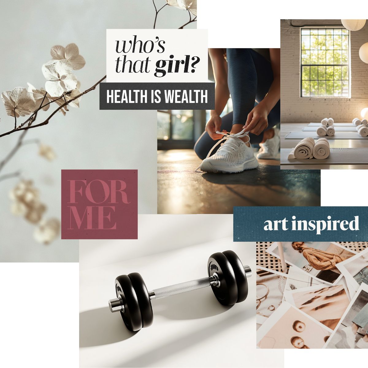 Stylized vision board collage blending body wisdom, financial abundance, wellness, and elevated lifestyle details, expressing lofty goals and aligned living in a luxury Shop the Look aesthetic by Perdie Pagoda.