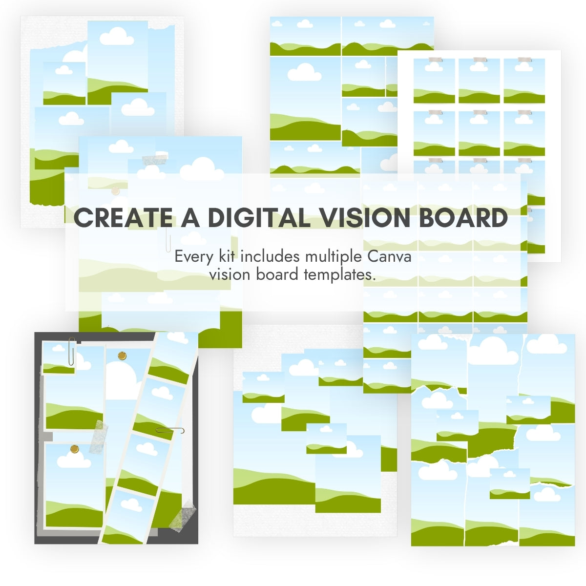 Perdie Pagoda digital vision board templates for Canva featuring customizable layouts for creating personalized vision boards with images, words and affirmations.