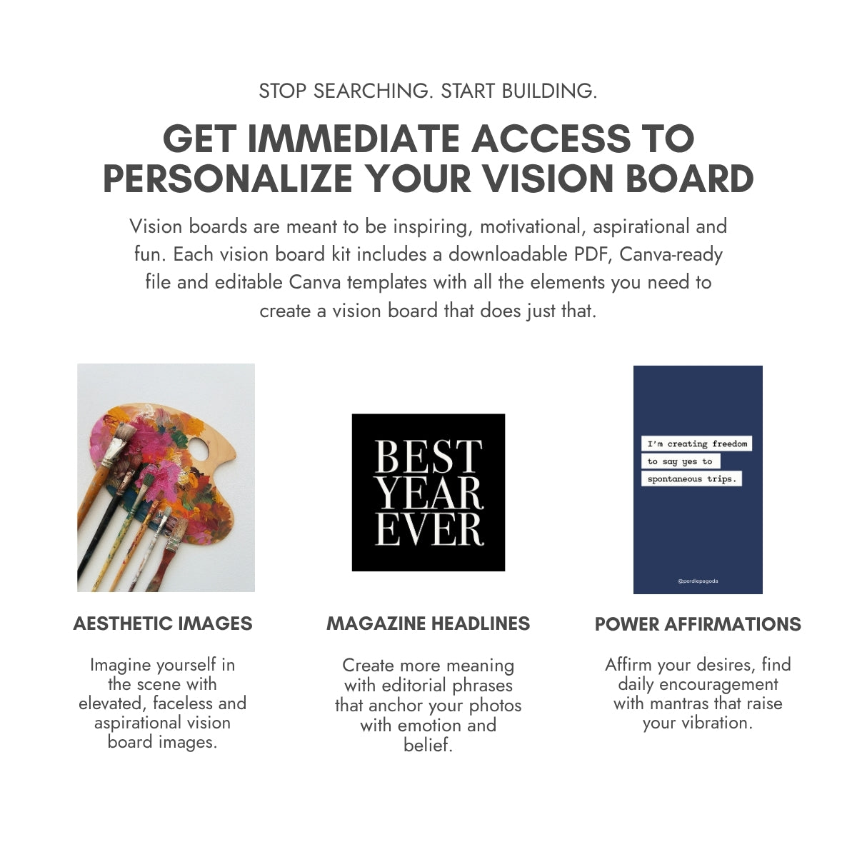 Perdie Pagoda vision board kit featuring colorful paintbrushes, Best Year Ever magazine headline and an affirmation about spontaneous travel. Includes aesthetic images, headlines and affirmations.
