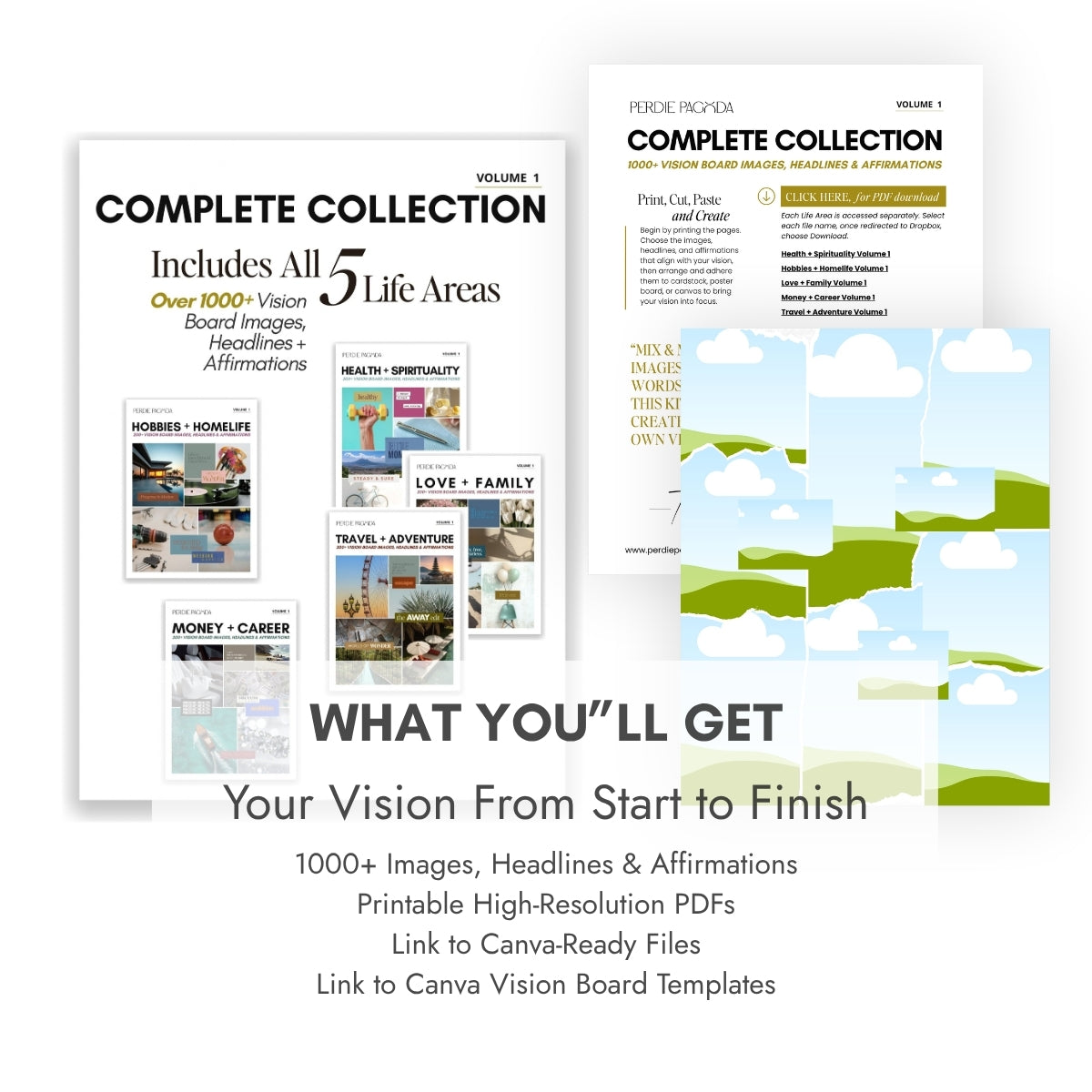 Perdie Pagoda Complete Collection Volume 1 includes five life area vision board kits with 1000+ images, headlines and affirmations, printable high-resolution PDFs, Canva-ready files and editable Canva vision board templates.
