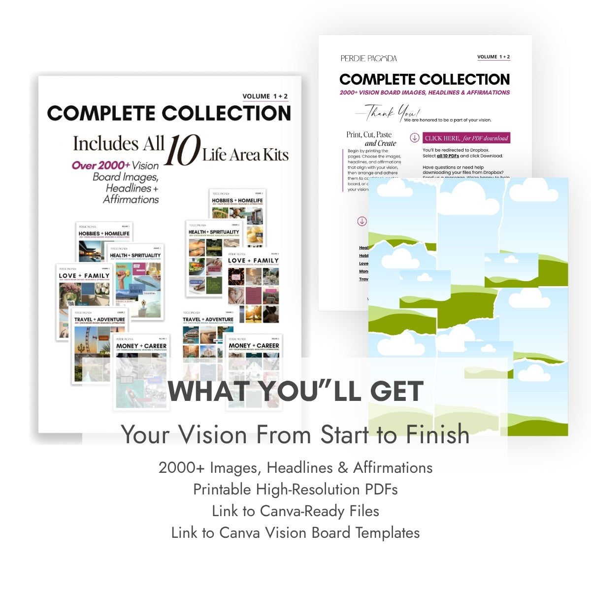Perdie Pagoda Complete Collection Volumes 1 and 2 includes all 10 life area vision board kits with 2000+ images, headlines and affirmations, printable high-resolution PDFs, Canva-ready files and editable Canva vision board templates.