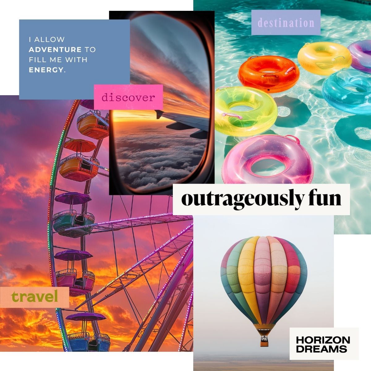 Adventure themed vision board collage with a Ferris wheel, airplane window view, pool floats, and words like discover, spontaneous, and outrageously fun.