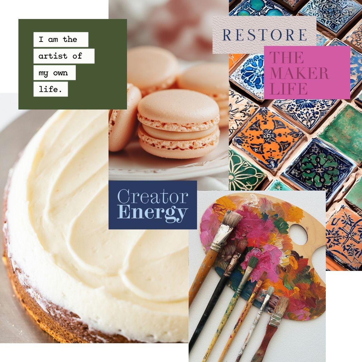 Creative lifestyle vision board collage with baking, painting tools, handmade art, and creator energy imagery for hobbies and personal fulfillment.