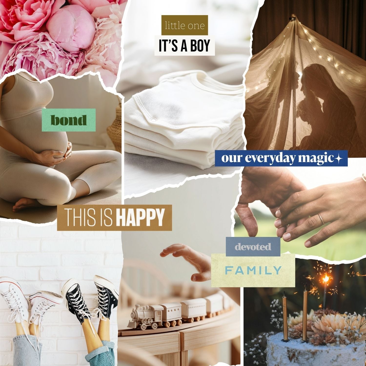 Family-focused vision board collage featuring pregnancy, newborn moments, childhood play, bonding, and everyday family magic.