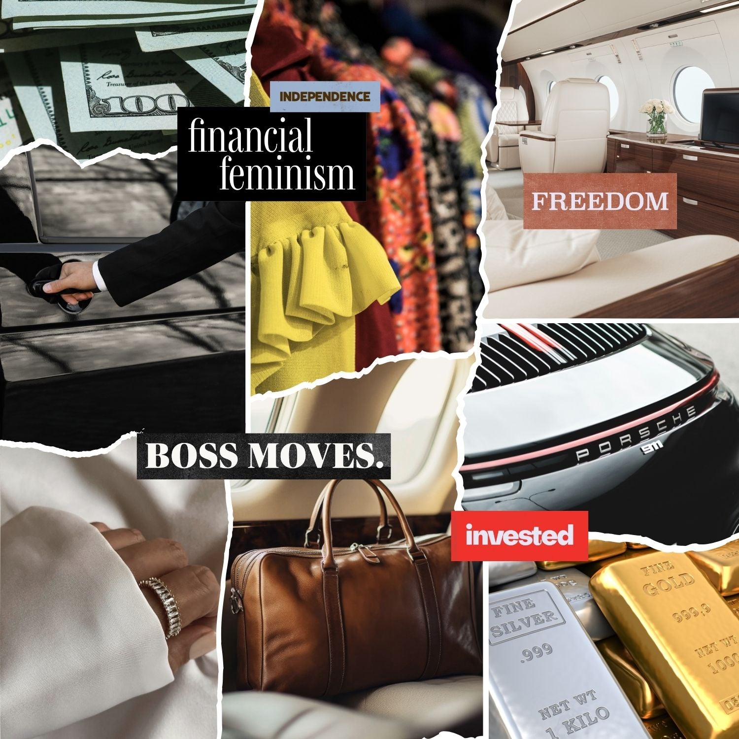 Vision board collage featuring money, luxury travel, designer fashion, gold and silver bars, a luxury car, and affirmations focused on financial independence, investing, freedom, and boss-level success.
