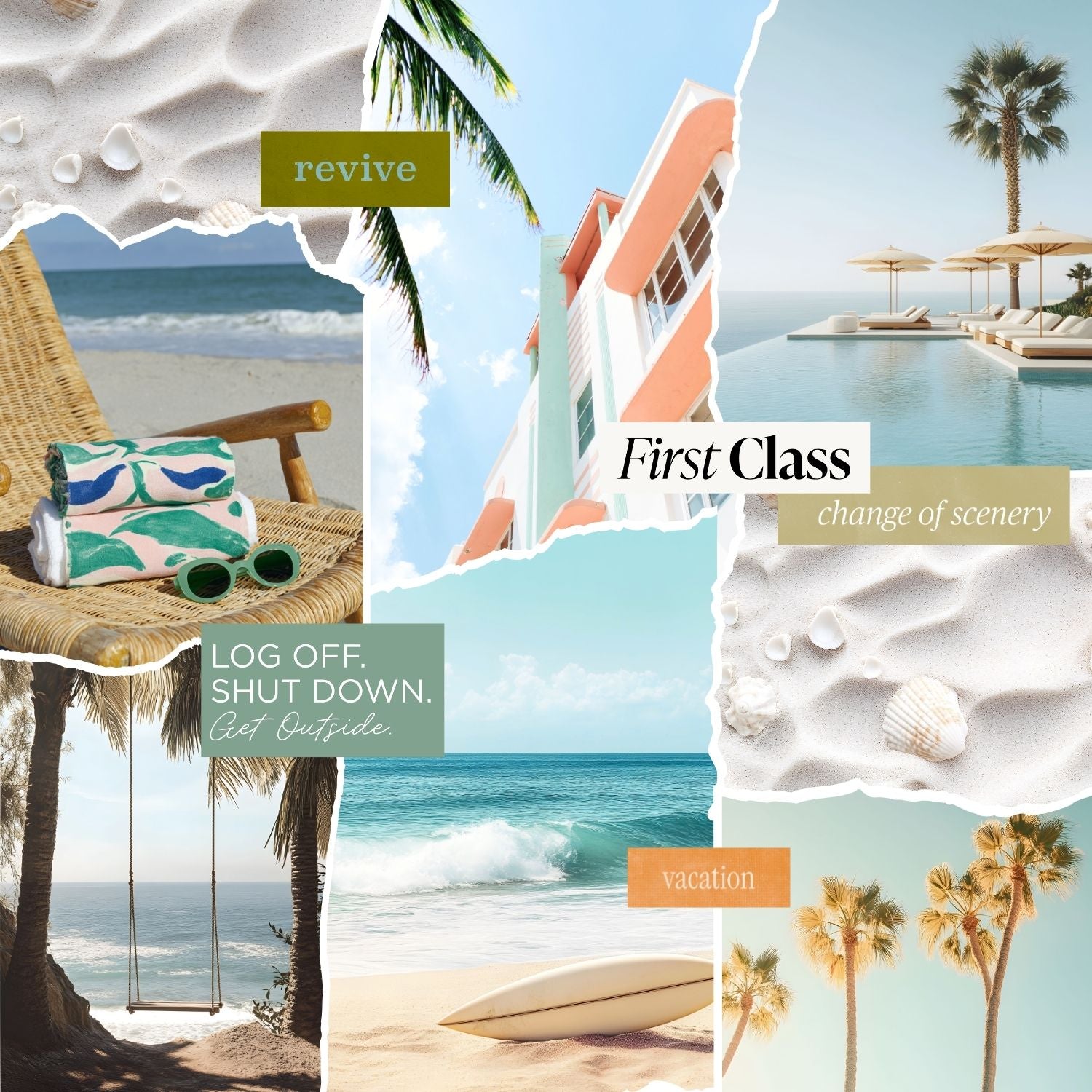 Luxury travel vision board collage with beach resorts, palm trees, ocean views, and phrases like first class, vacation, and change of scenery.