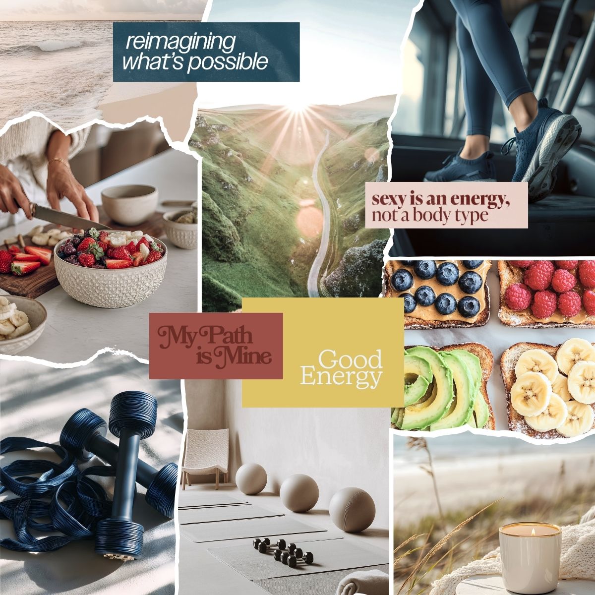 Vision board collage focused on fitness wellness and healthy lifestyle with affirmations about good energy self confidence and personal growth.