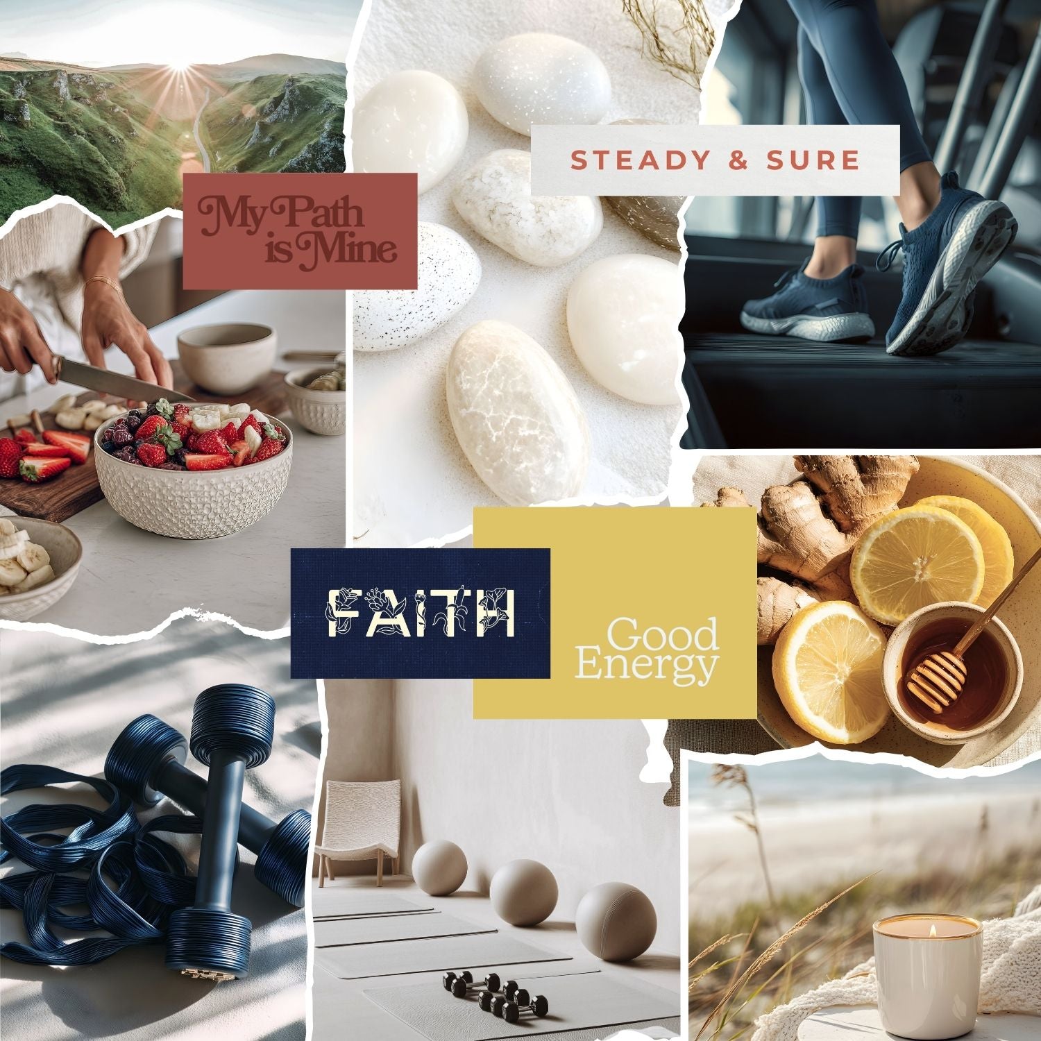 Wellness collage with hiking sunrise, white stones, treadmill run, fresh fruit prep, dumbbells, yoga studio, ginger-lemon tea, and a seaside candle, with the words “My Path is Mine,” “Steady & Sure,” “Faith,” and “Good Energy.”