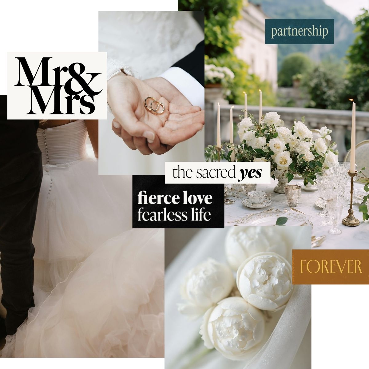 Romantic vision board collage featuring wedding imagery, partnership, commitment, and forever love, symbolizing marriage, devotion, and shared life goals.