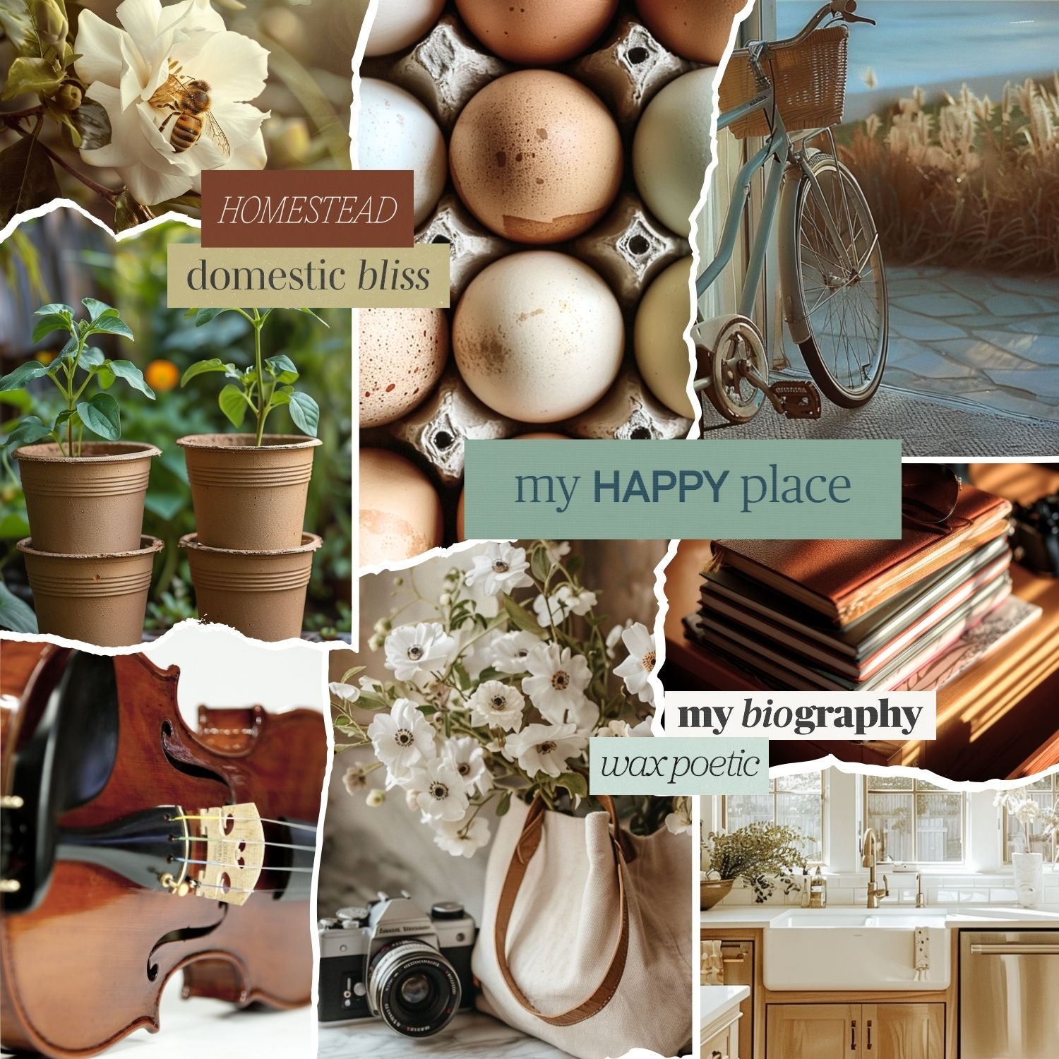Homelife vision board collage featuring gardening, fresh eggs, bicycles, books, music, flowers, and cozy interiors, capturing simple pleasures, creative hobbies, and a peaceful home-centered lifestyle.