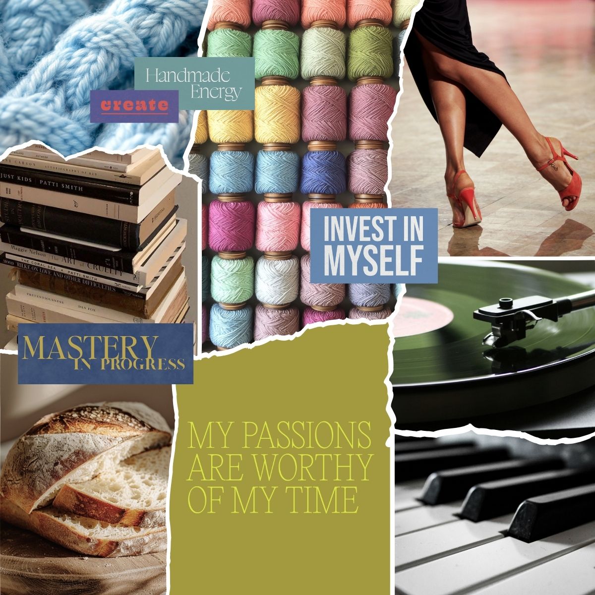 Vision board collage featuring hobbies creativity and self worth themes with affirmations about investing in yourself and pursuing passions.