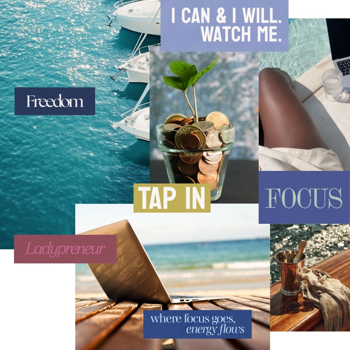 Vision board collage featuring financial freedom, entrepreneurship, and remote work lifestyle with themes of focus, independence, and self employed success.