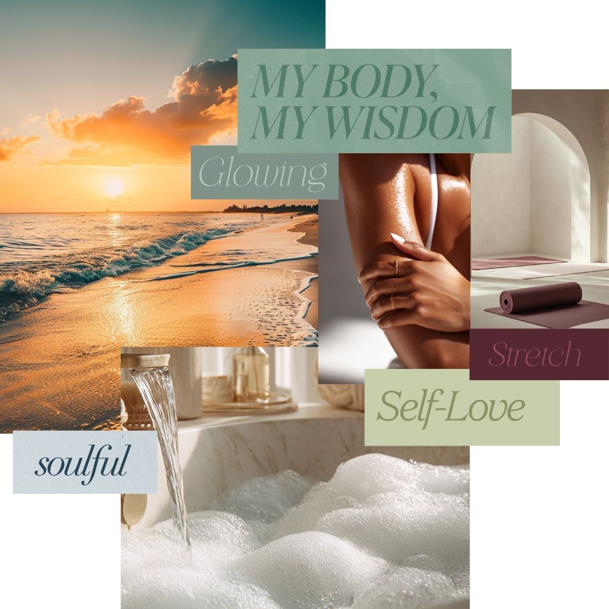 Self care and wellness vision board with spa inspired imagery, affirmations, healing rituals, and intentional rest.