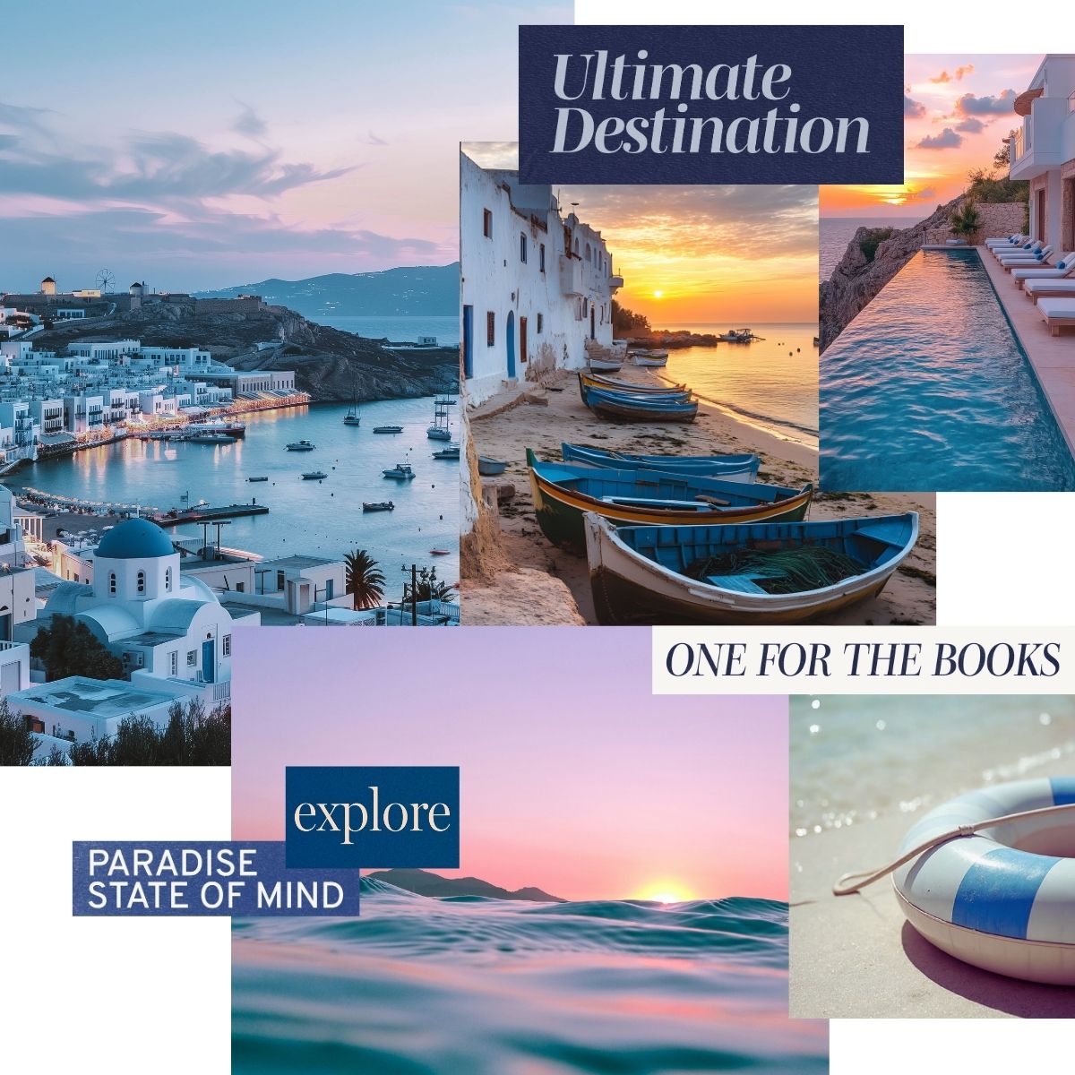 Travel and Adventure vision board collage featuring Greece coastal villages, sunset harbors, luxury pools, and ocean horizons, capturing the feeling of an ultimate destination getaway.