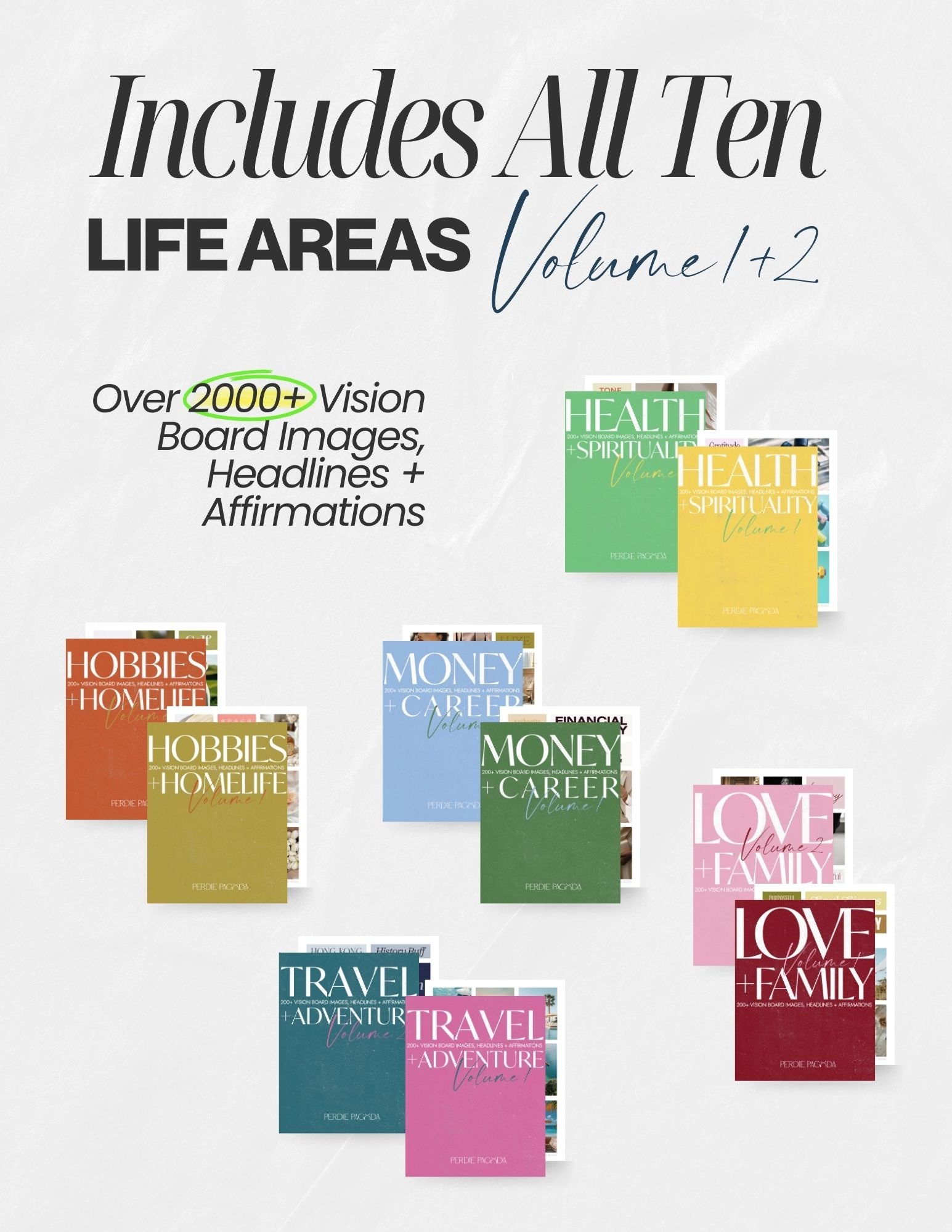 Complete Collection Volumes One and Two vision board kits featuring all ten life areas with over 2,000 images, headlines, and affirmations for intentional goal setting and manifestation.