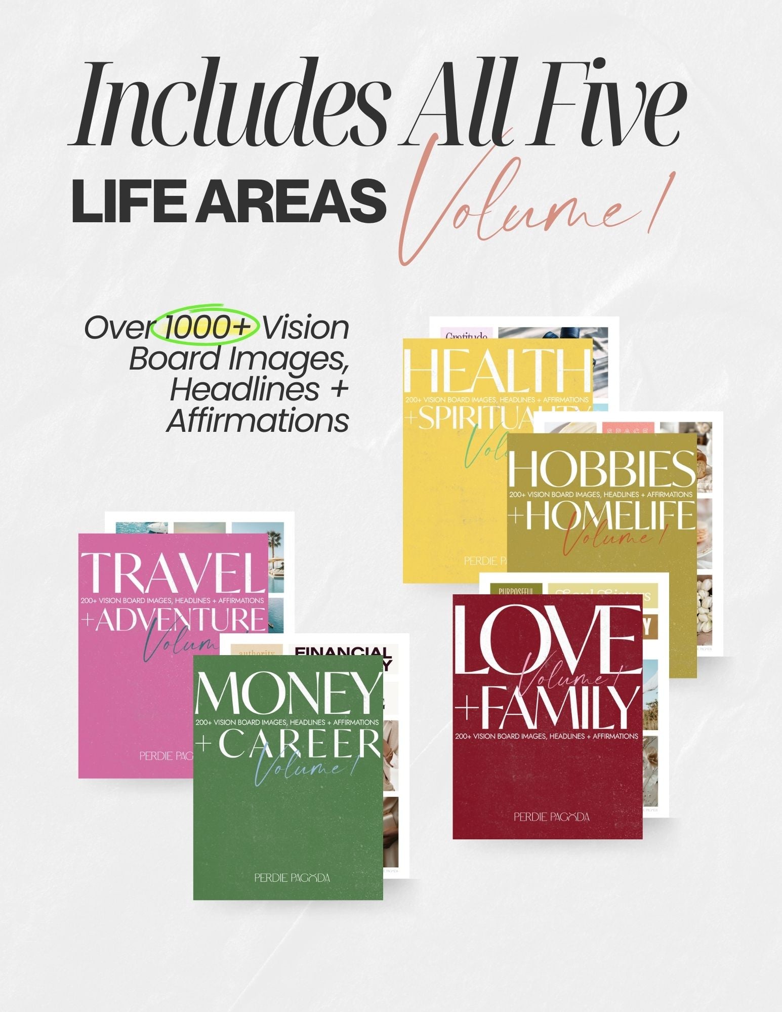 Complete Collection Volume One vision board kit showcasing all five life areas, including travel and adventure, money and career, love and family, health and spirituality, and hobbies and home life.