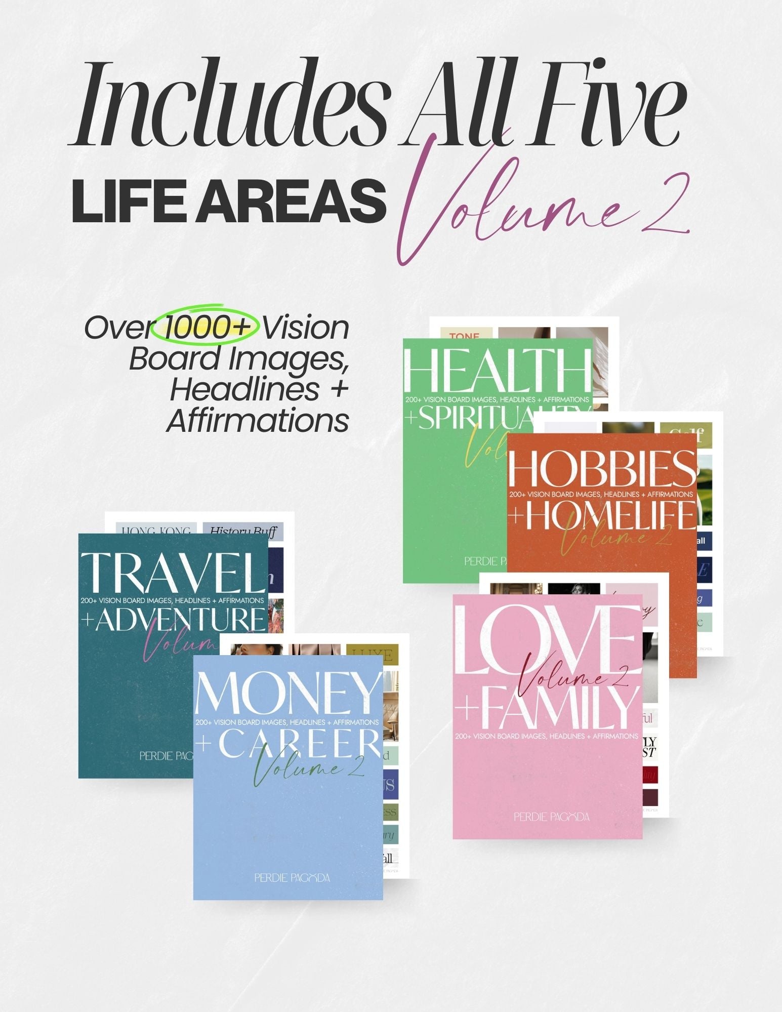 Complete Collection Volume Two vision board kit highlighting five expanded life areas with curated images, affirmations, and headlines designed for elevated vision board creation.