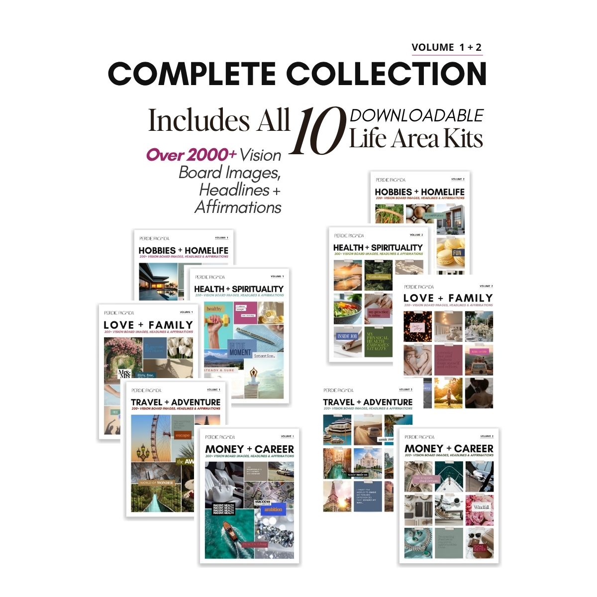 Perdie Pagoda complete vision board kit volumes one and two including ten downloadable life area kits with over two thousand images, affirmations, and headlines for manifestation and goal setting.