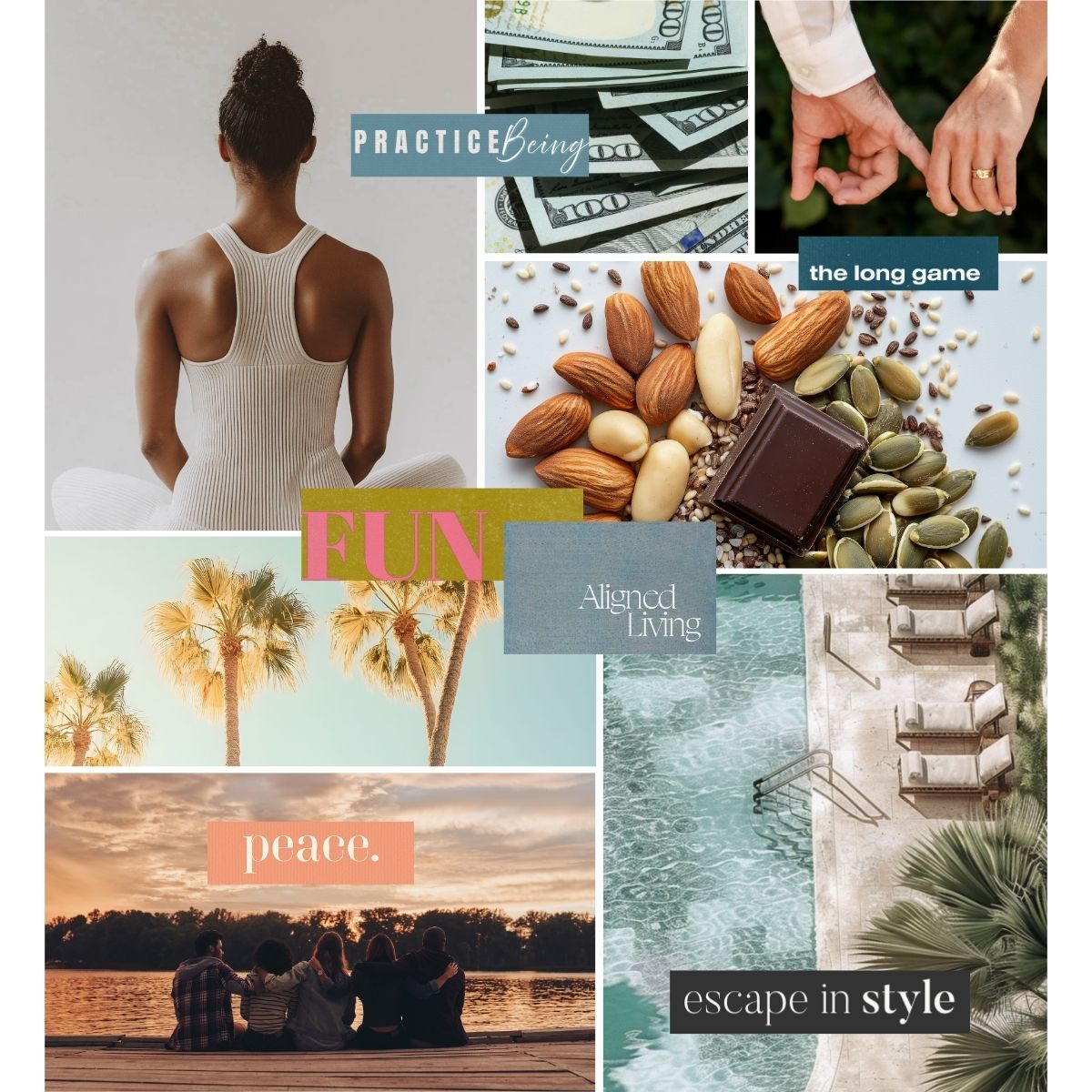 Vision board example from Perdie Pagoda Volume One complete collection featuring wellness, abundance, lifestyle, and travel imagery with affirmations like aligned living, peace, and escape in style.