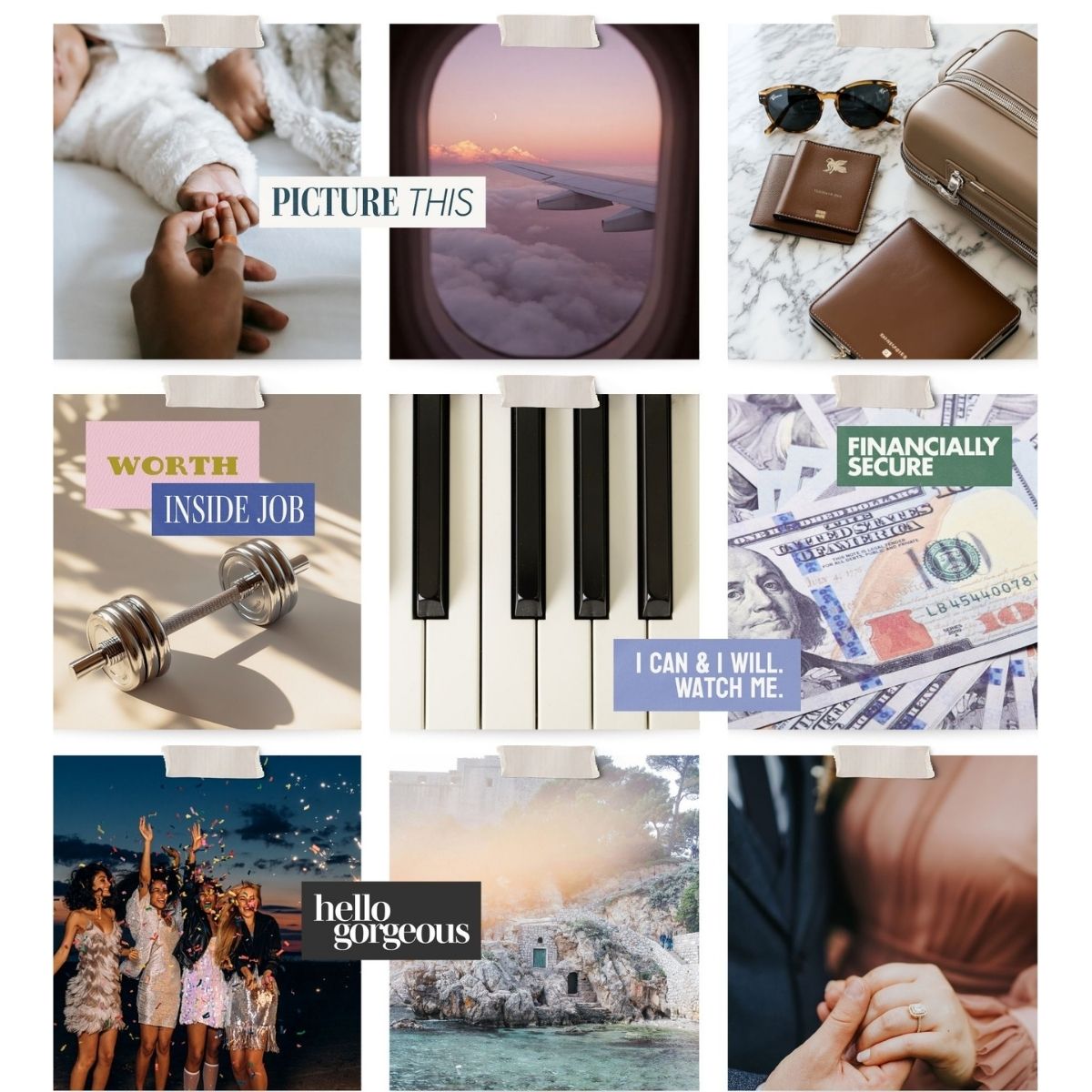 Vision board example from Perdie Pagoda Volume Two featuring love, travel, financial abundance, and lifestyle imagery with affirmations like financially secure, I can and I will, and picture this.