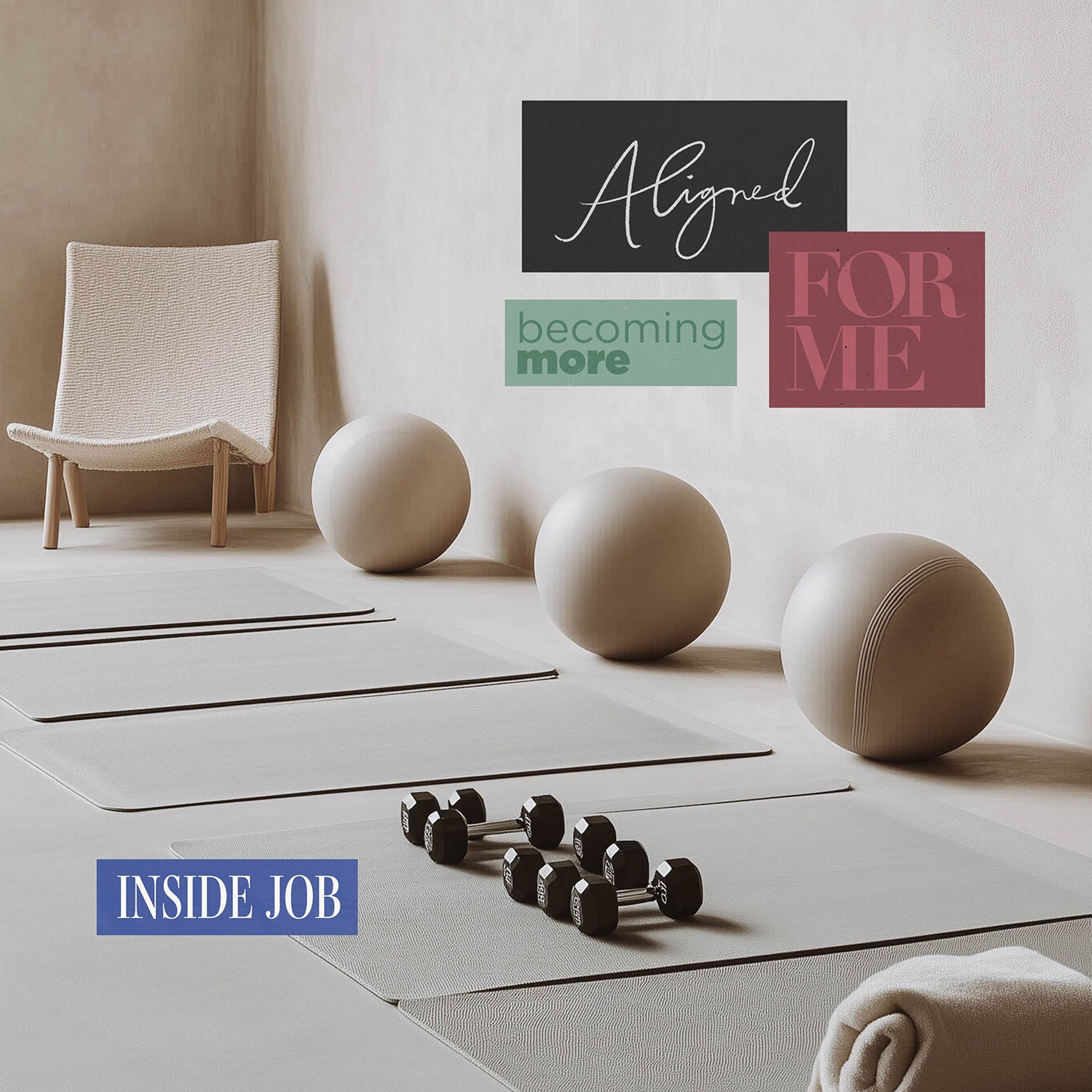 Minimal wellness space with yoga mats and soft neutral tones representing mindfulness, self care, and holistic health.