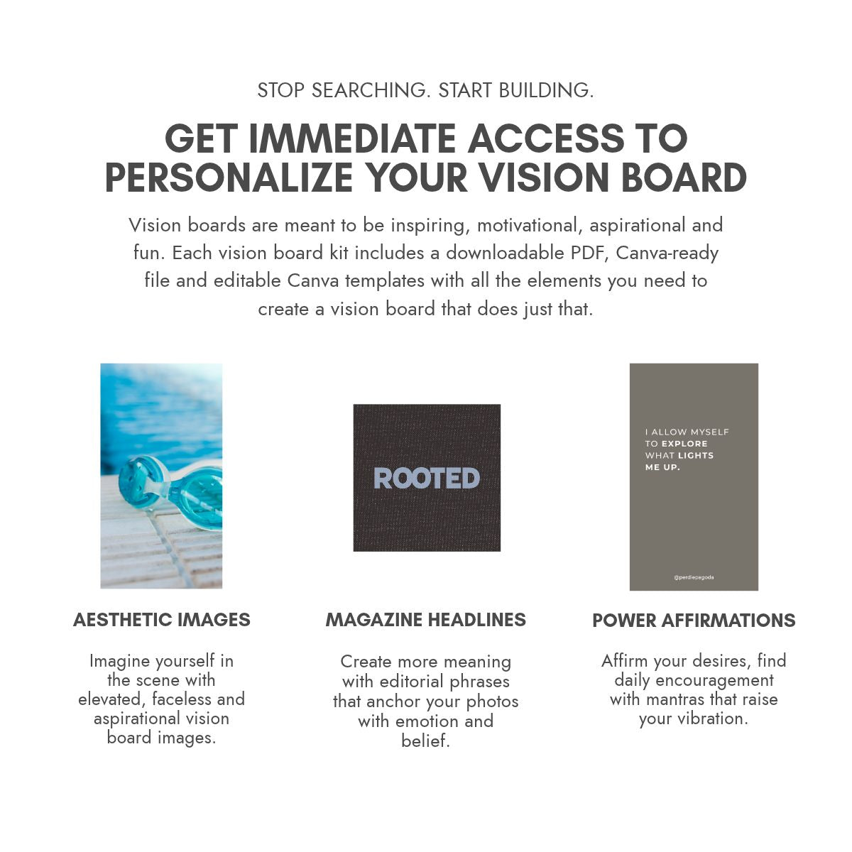 Perdie Pagoda D-I-Y vision board kit showing instant access to printable images, inspirational magazine headlines, power affirmations and editable Canva templates.