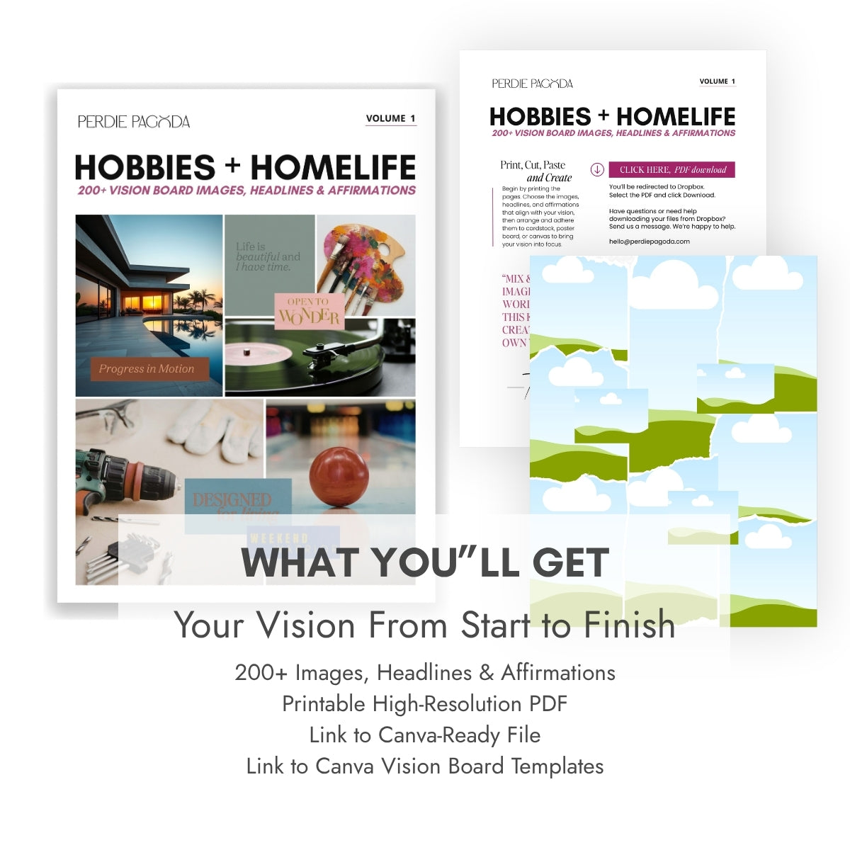 Perdie Pagoda Hobbies + Homelife Volume 1 vision board kit featuring 200+ images, headlines and affirmations, a printable high-resolution PDF, Canva-ready file and editable vision board templates.