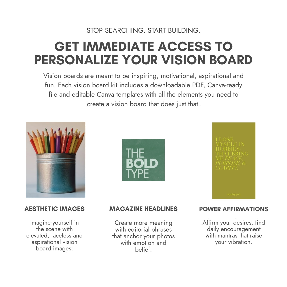Perdie Pagoda Hobbies + Homelife Volume 2 vision board kit with instant digital access to aesthetic hobby images, inspirational magazine headlines, power affirmations and editable Canva templates.