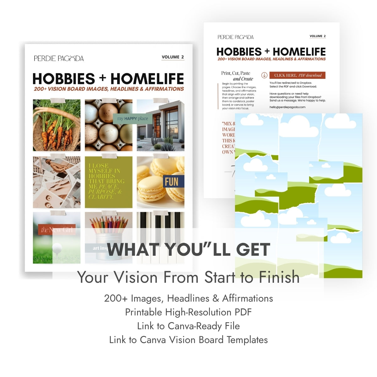 Perdie Pagoda Hobbies + Homelife Volume 2 D-I-Y vision board kit featuring 200+ images, headlines and affirmations, a printable high-resolution PDF, Canva-ready file and editable Canva vision board templates.