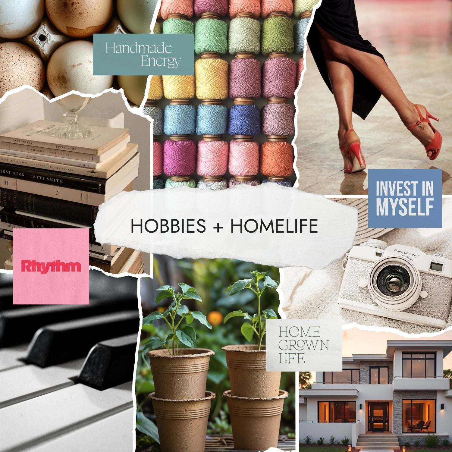 Editorial collage representing hobbies and home life through creativity, rhythm, self-investment, craftsmanship, and a grounded sense of home.