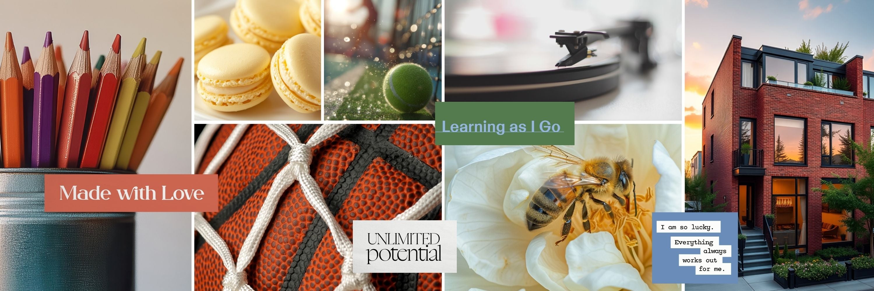 Editorial collage representing hobbies and home life through creativity, learning, leisure, play, comfort, and personal fulfillment within the Perdie Pagoda Hobbies + Homelife Kit.