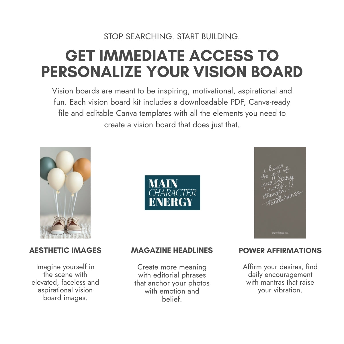 Perdie Pagoda Love + Family Volume 1 vision board kit featuring aesthetic images of balloons, magazine headlines and positive affirmations for relationships, family, friendship and personal growth.